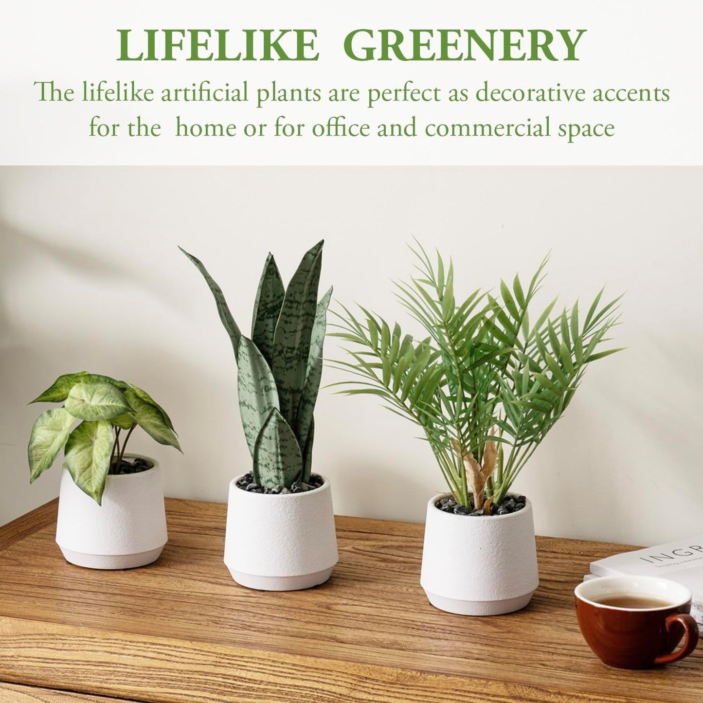 Modern Assorted Artificial Plants Potted in White Textured Planter Pots / Green