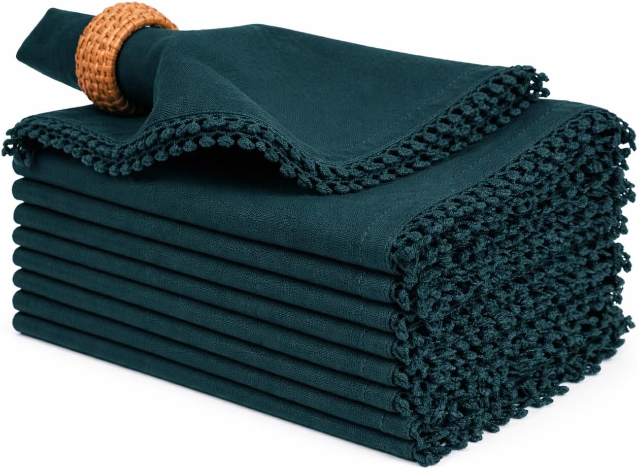 Bedding Craft Cotton Cloth Dinner Napkins Set of 12 – 18x18 Magical Forest with Decorative Lace Selvedge – Elegant