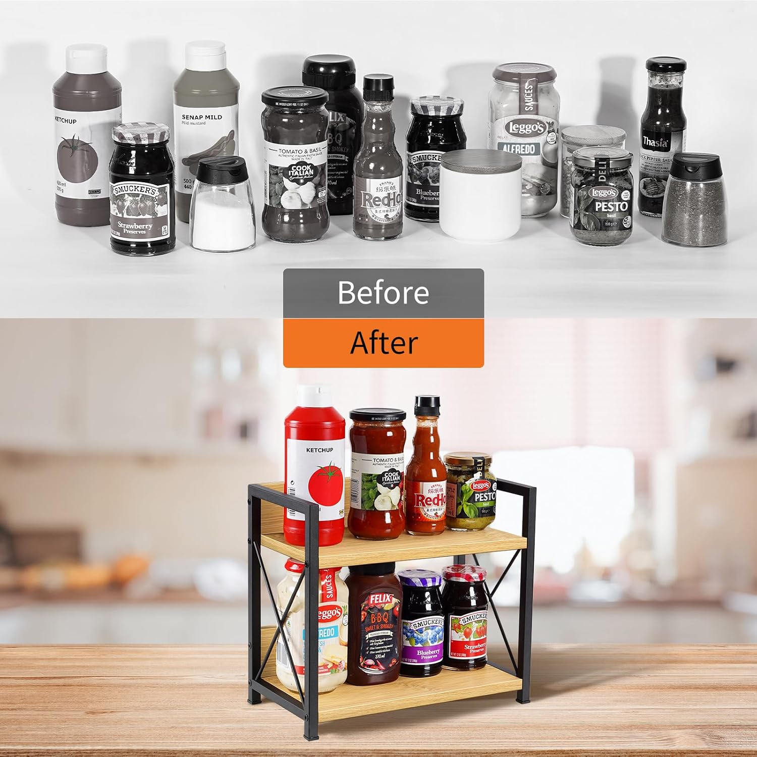 Giikin Countertop Shelf Organizer, 2 Tier Kitchen Spice Rack Organizer for Countertop, Wood Coffee Counter Shelf