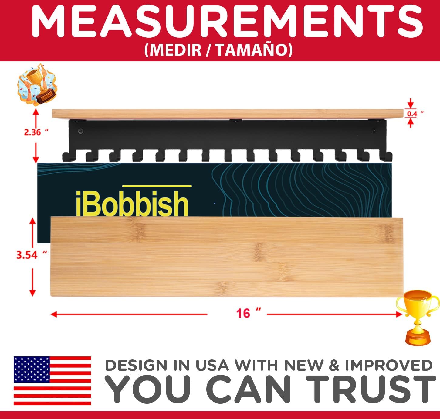 iBobbish Premium Trophy and Medal Display Shelf 16inchL,Metal Trophy Shelf with Hooks Upgraded,Large Bamboo Trophy