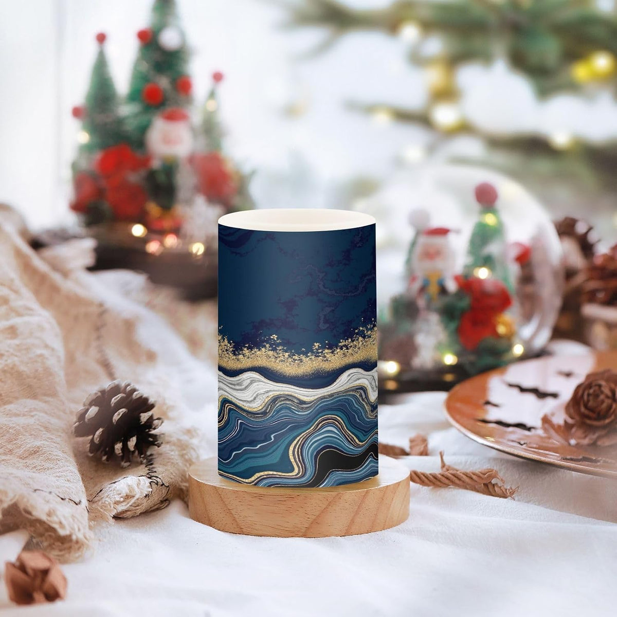 Flickering Flameless Candles, Navy Blue Marble Golden Veins LED Candles with Remote Timer, Set of 2 Battery Operated