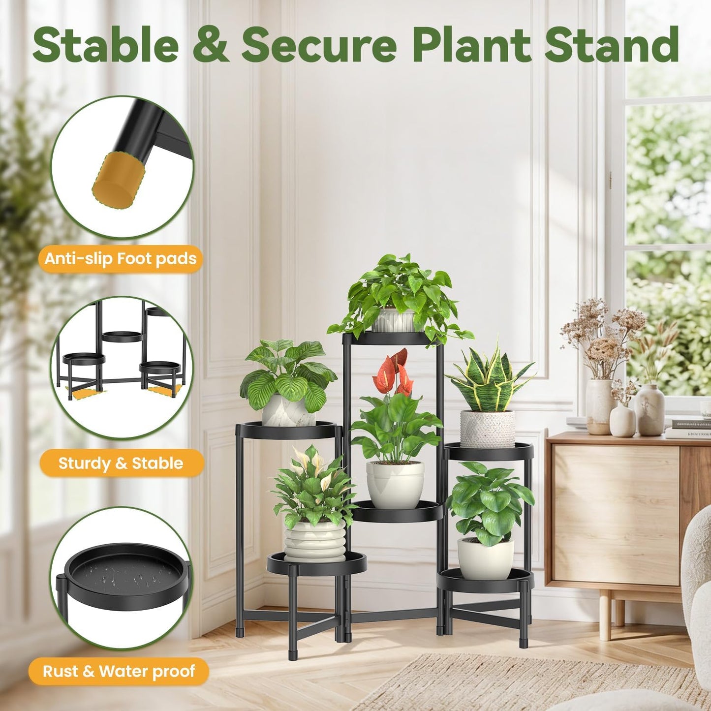 LASZOLA Plant Stand Indoor Outdoor Tall With Grow Lights, 6 Tiers Black | Corner Folding Flower Display Rack, with