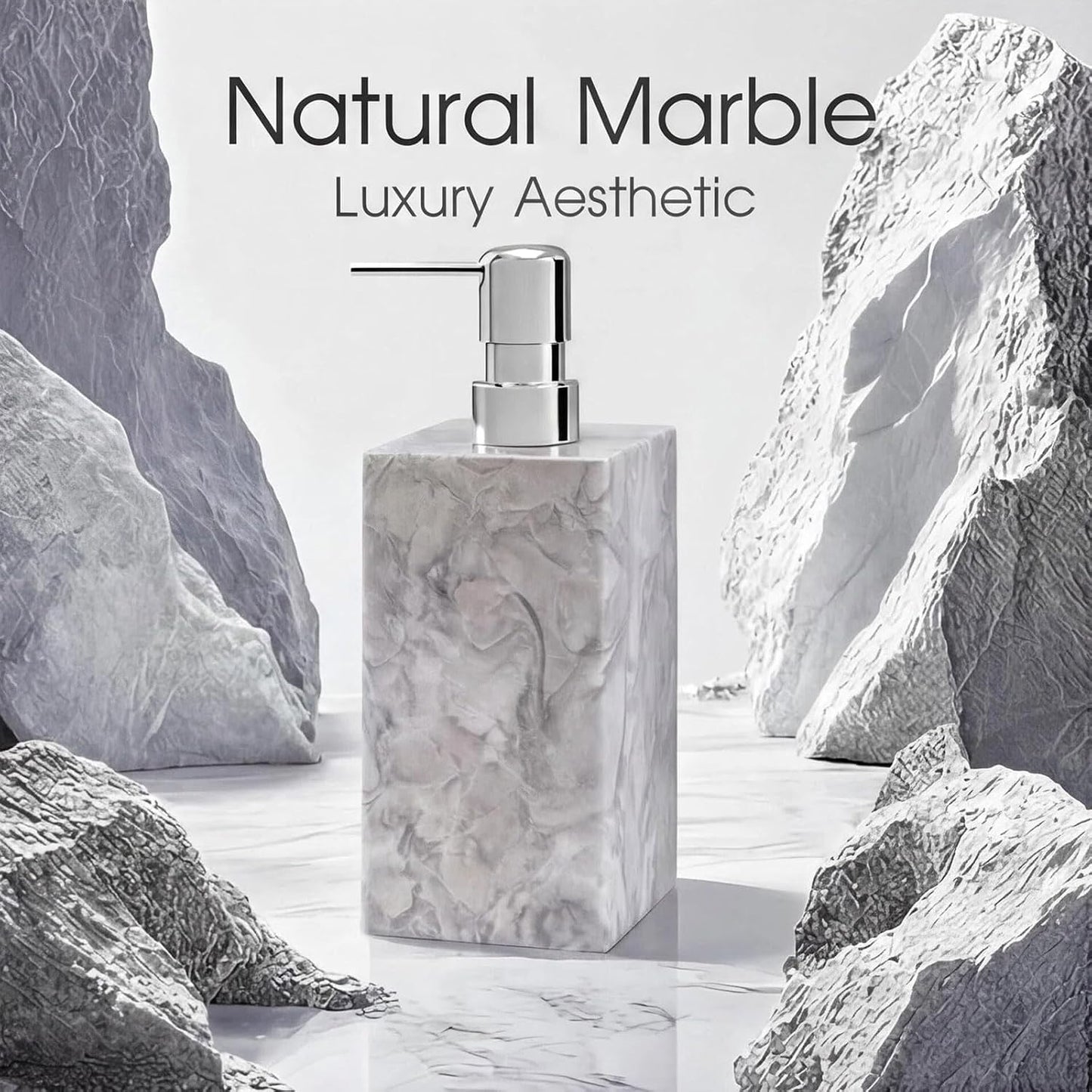 2 Set Real Natural Marble Soap Dispenser with Stainless Steel Pump – Decorative Liquid Hand Soap Bottle for Kitchen &