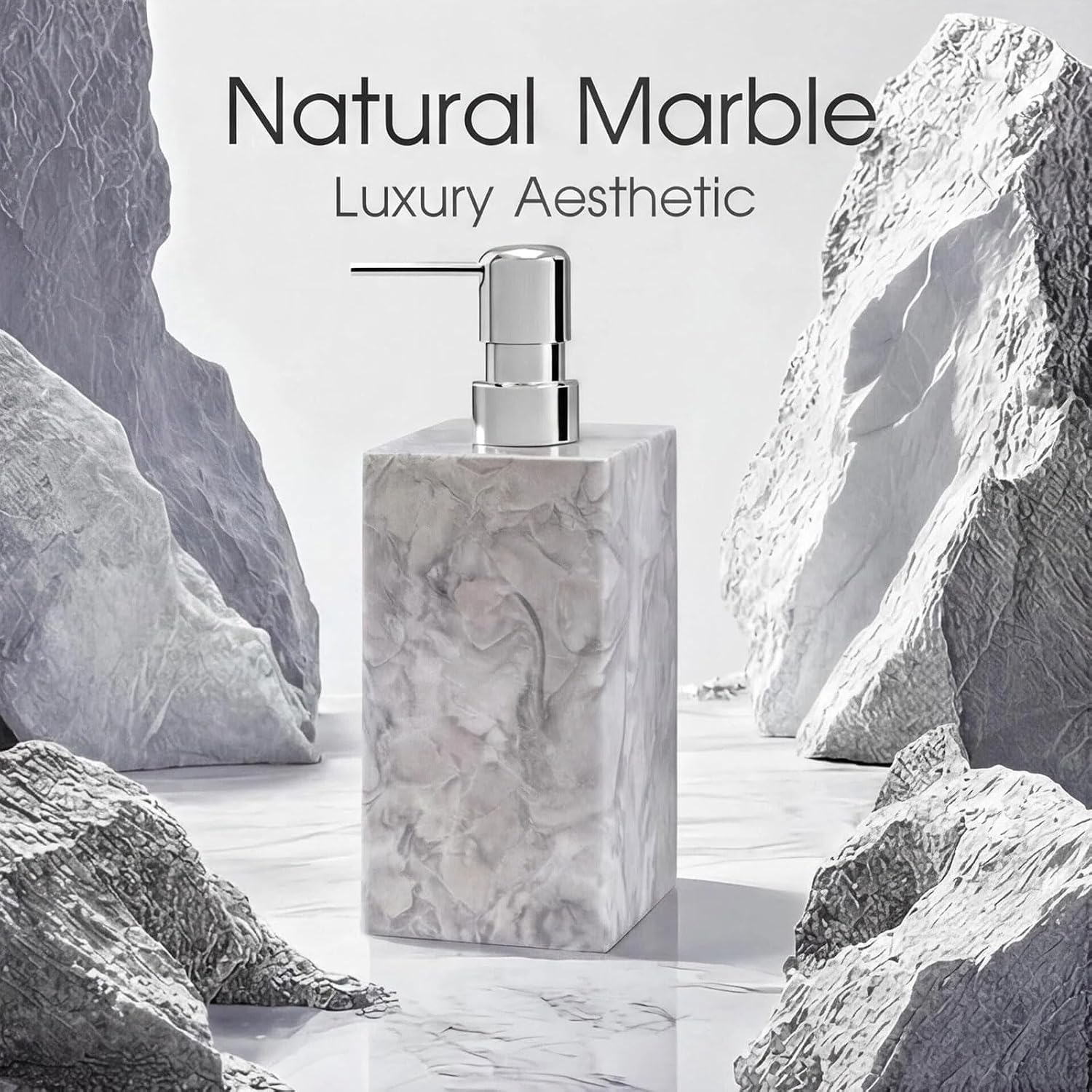 2 Set Real Natural Marble Soap Dispenser with Stainless Steel Pump – Decorative Liquid Hand Soap Bottle for Kitchen &