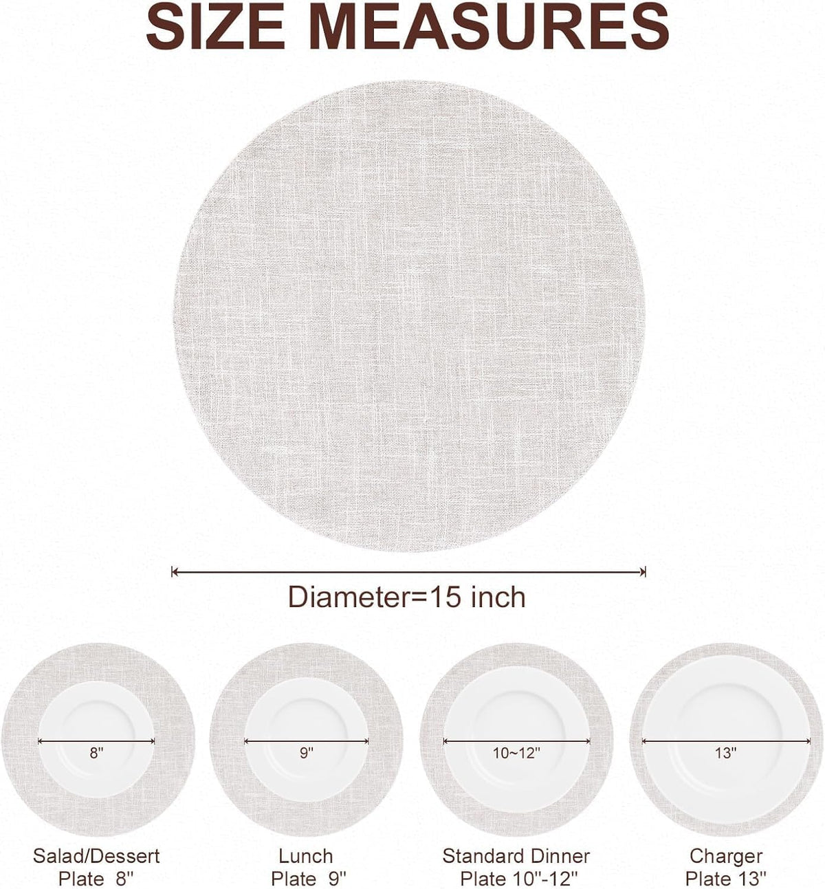 Cotton Linen 15 Inch Round Cloth Place mats, Set of 12, Beige | Washable Table Mats, Heat Resistant, Reversible