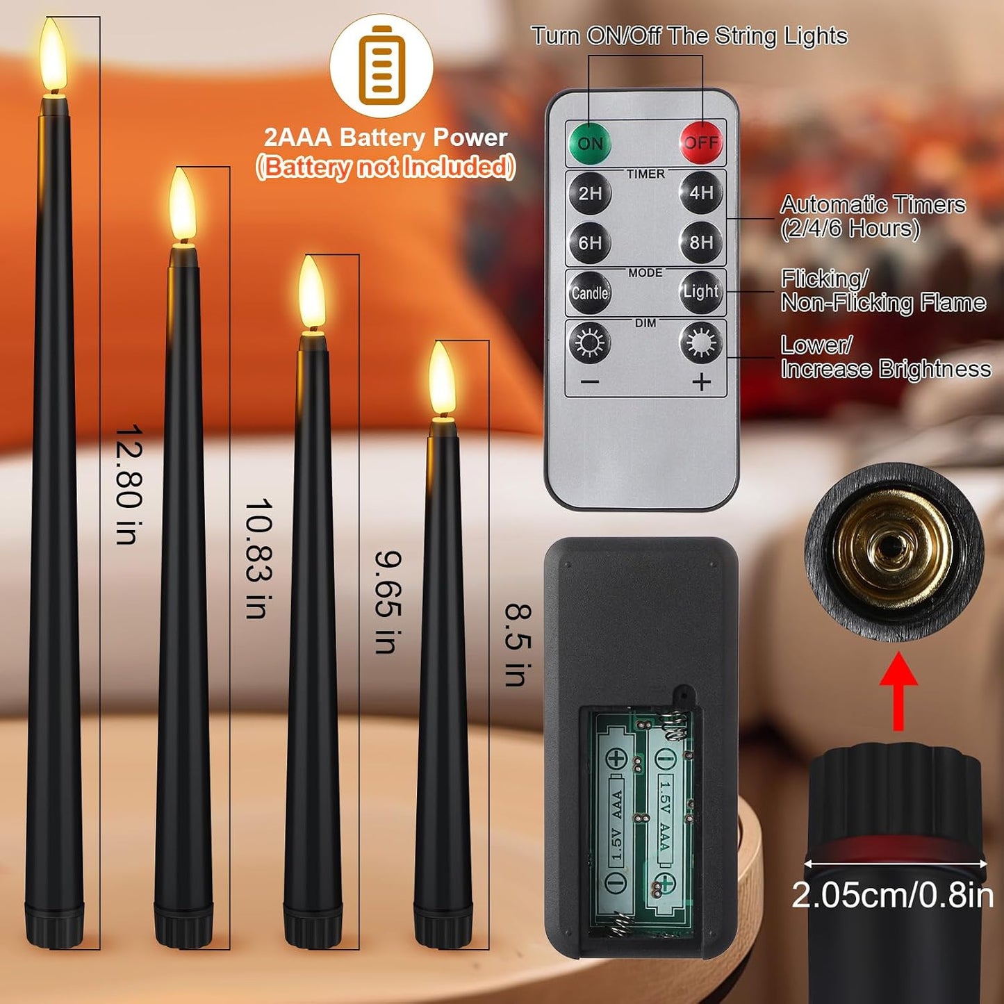 Rossesay 16 Pcs Black Flameless Taper Candle with Remote Timer | Halloween Battery Operated Candle, 8.5" 9.6" 10.8"