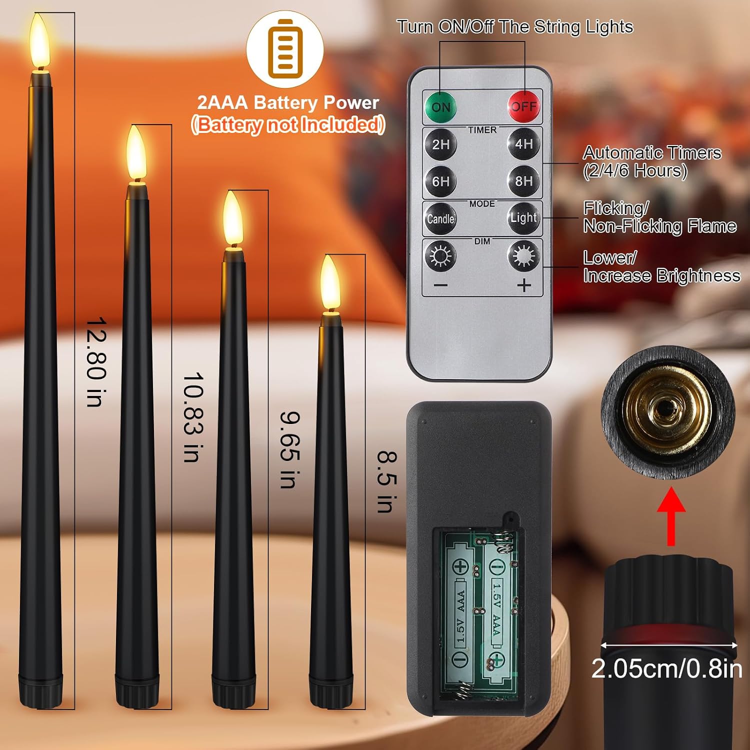 Rossesay 16 Pcs Black Flameless Taper Candle with Remote Timer | Halloween Battery Operated Candle, 8.5" 9.6" 10.8"