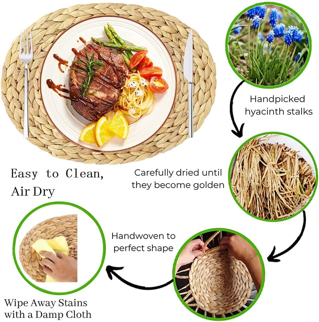 Oval Woven Placemats Set of 6, Natural Water Hyacinth Charger Plates Non-Slip Weave Placemats Farmhouse Straw Braided