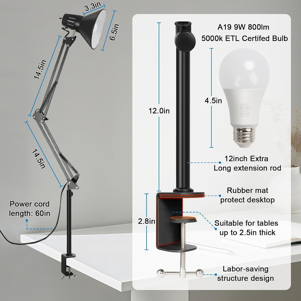 LED Clamp on Desk Lamp, 360°Adjustable Swing Arm Desk Lamp | Clamp Light with Eye-Caring LED Bulb for Home Office