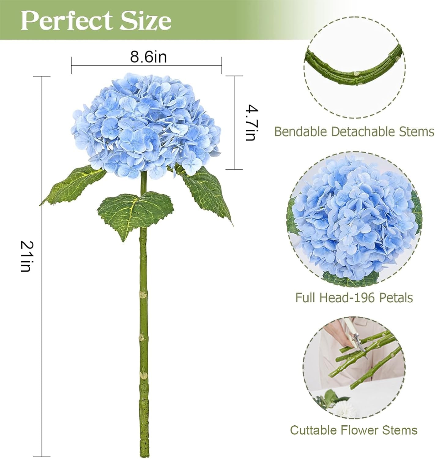 Full Latex Faux Hydrangea Flowers / Blue / Set of 3