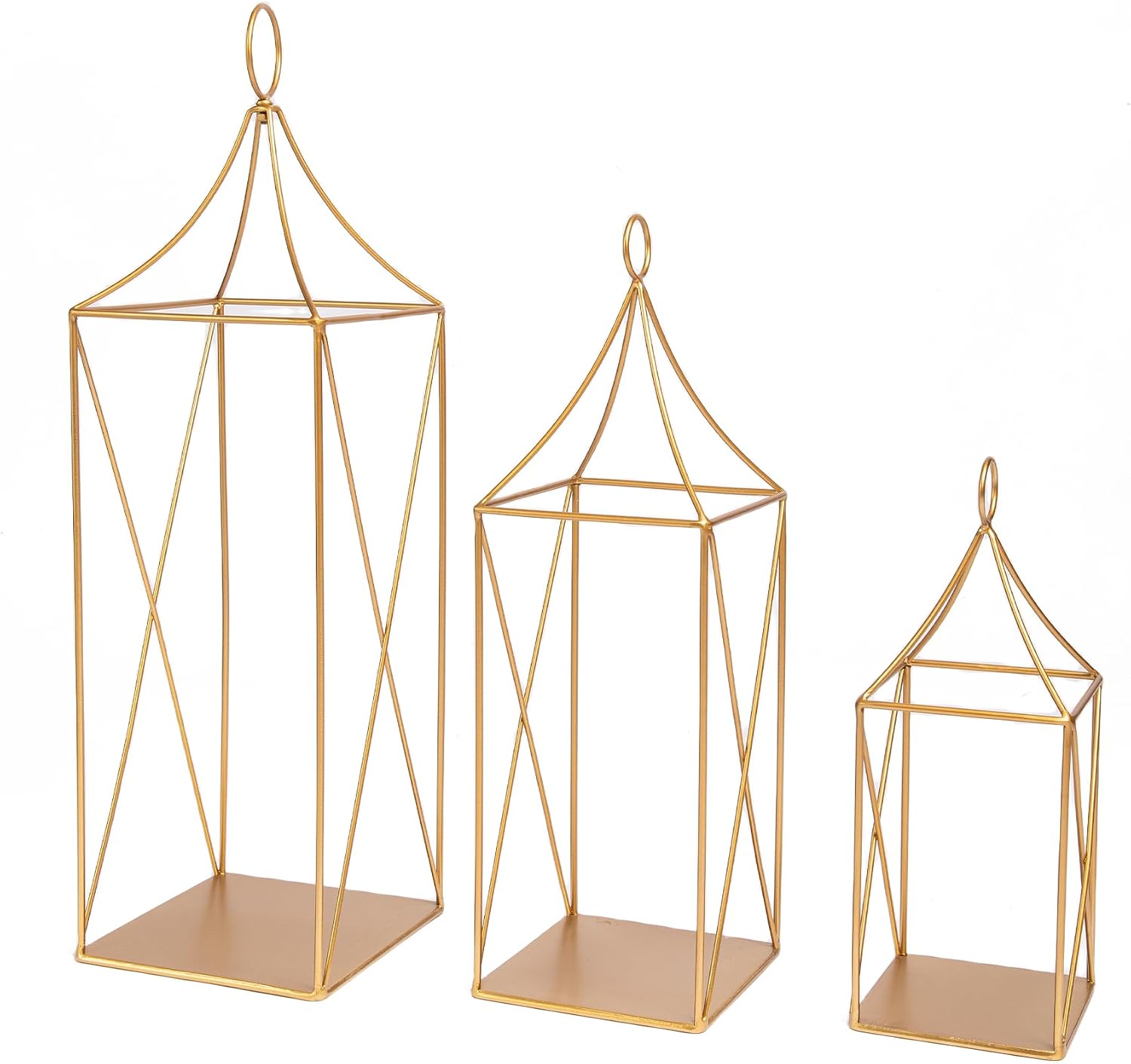 HPC Decor Tall Metal Lantern Decor Set of 3-24" 19" 13" Elegant Decorative Lanterns with Garlands-Modern Gold Candle