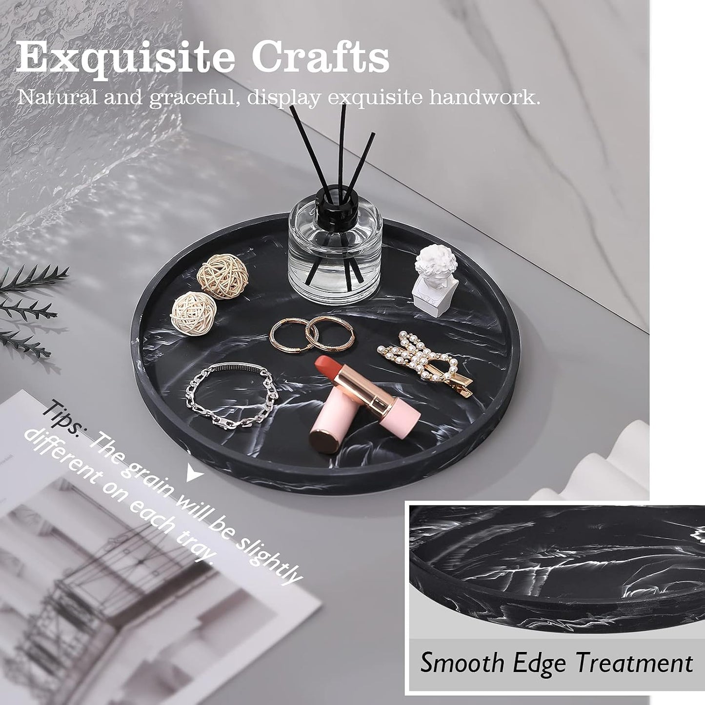 Vanity Tray / Resin Round Tray Decorative Storage Organizer / Round Matte Ink Black