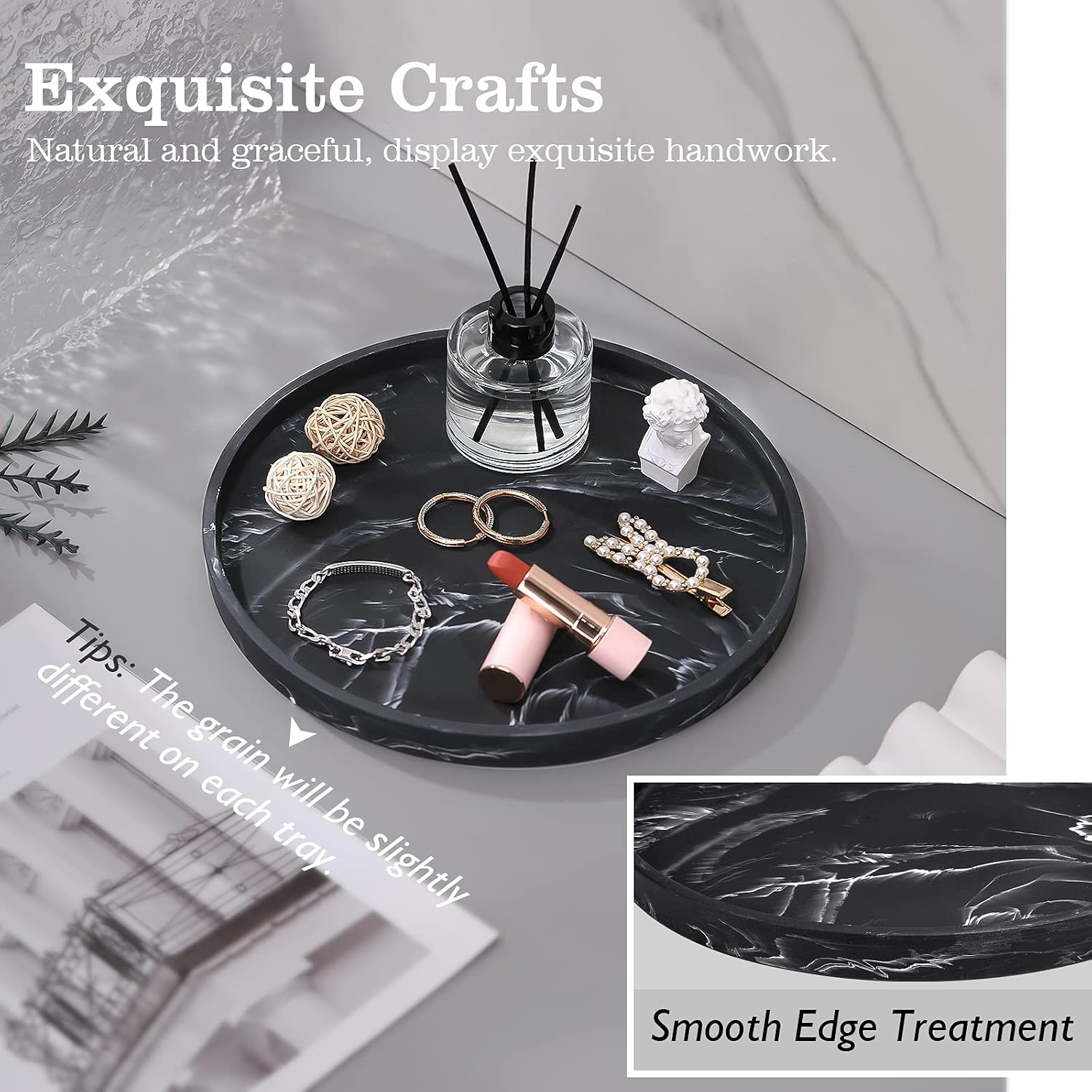 Vanity Tray / Resin Round Tray Decorative Storage Organizer / Round Matte Ink Black