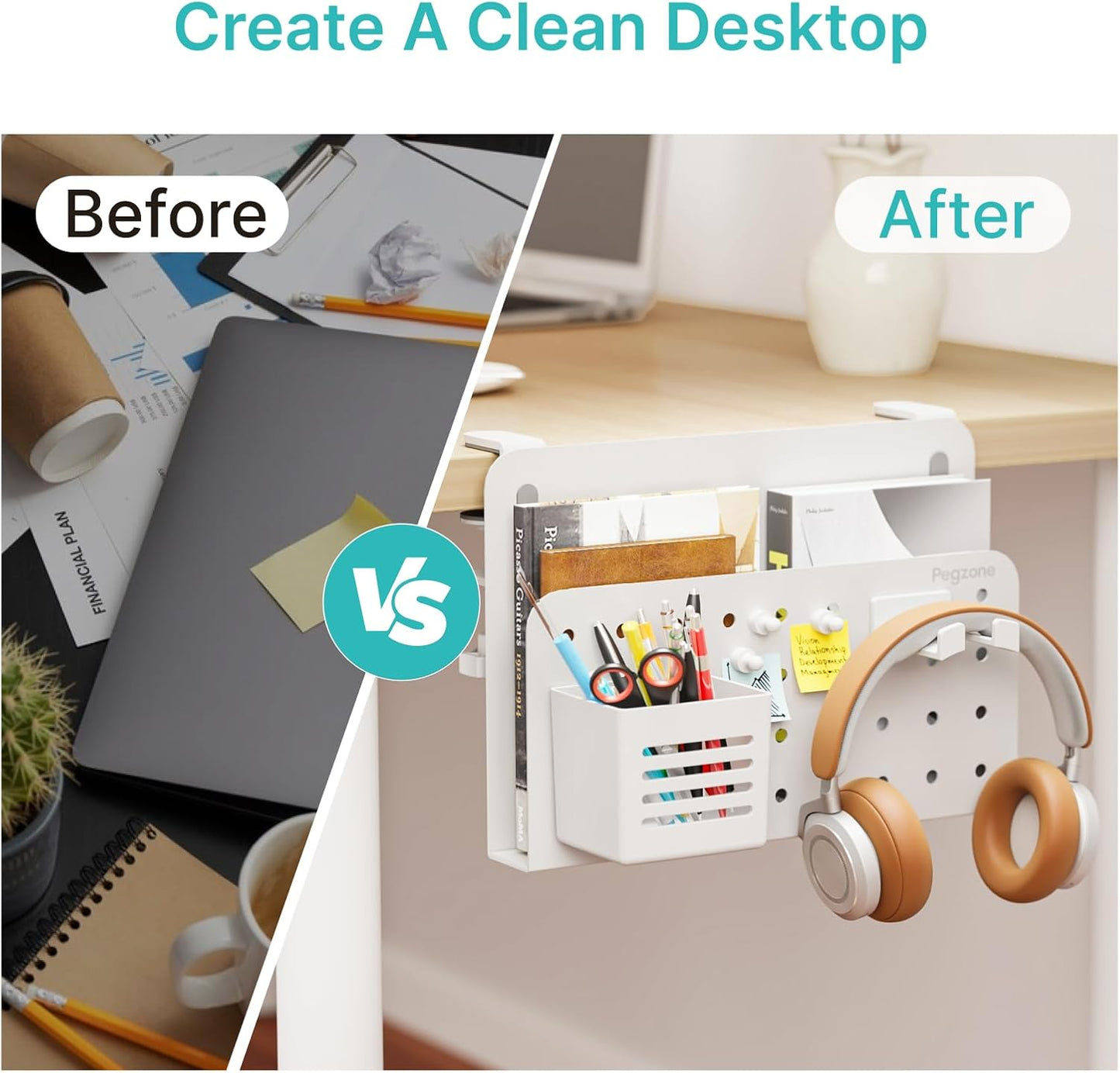 Desk Side Storage Organizer, Fits Flat Edge 0.4" to 2.2", White | No Drill Under Desk Laptop Holder, Clamp on Desks