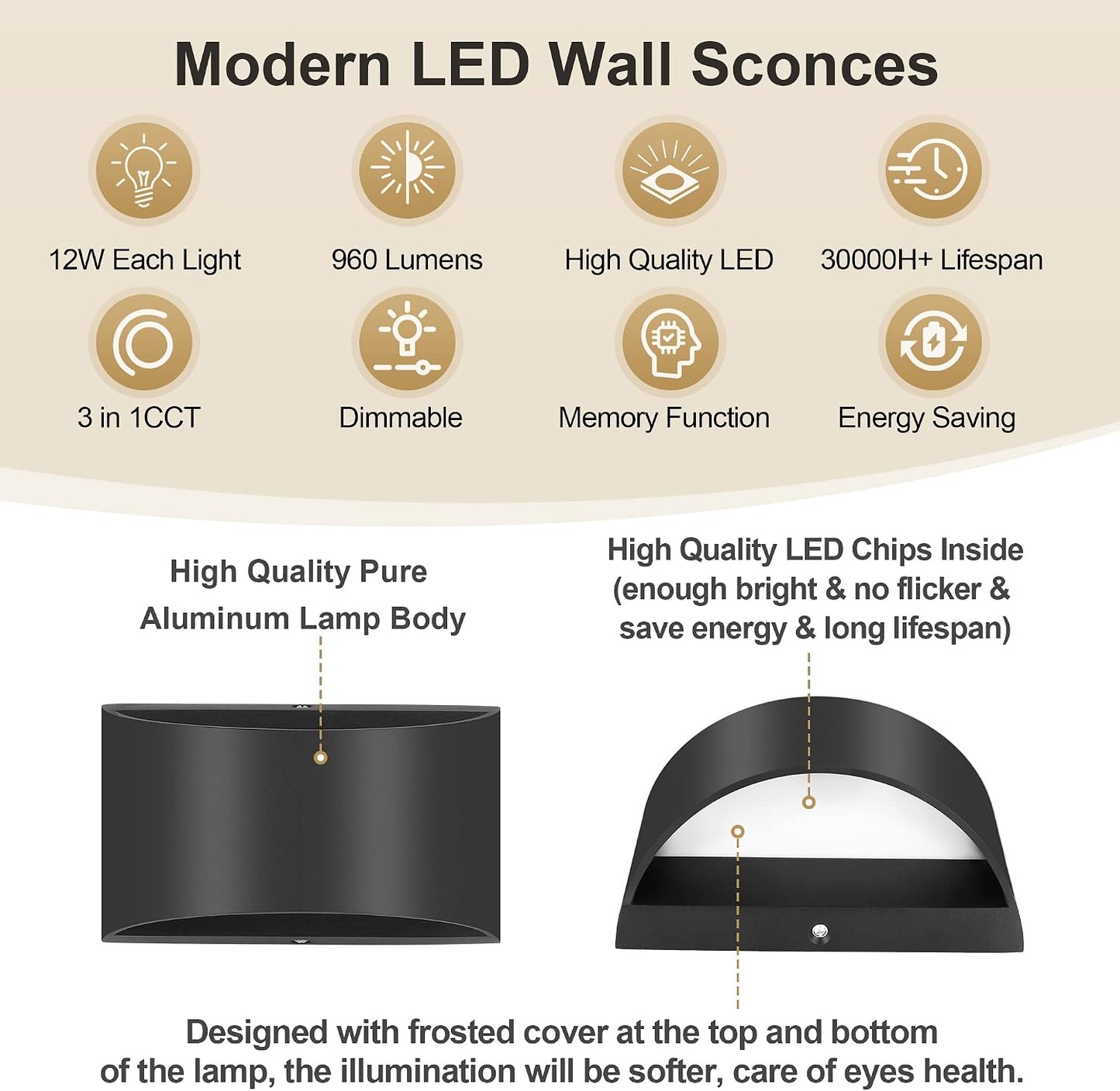 TRLIFE Modern Wall Sconces, 3000K/4000K/6000K Selectable and Dimmable LED Wall Sconce 12W Aluminum Wall Mounted Light