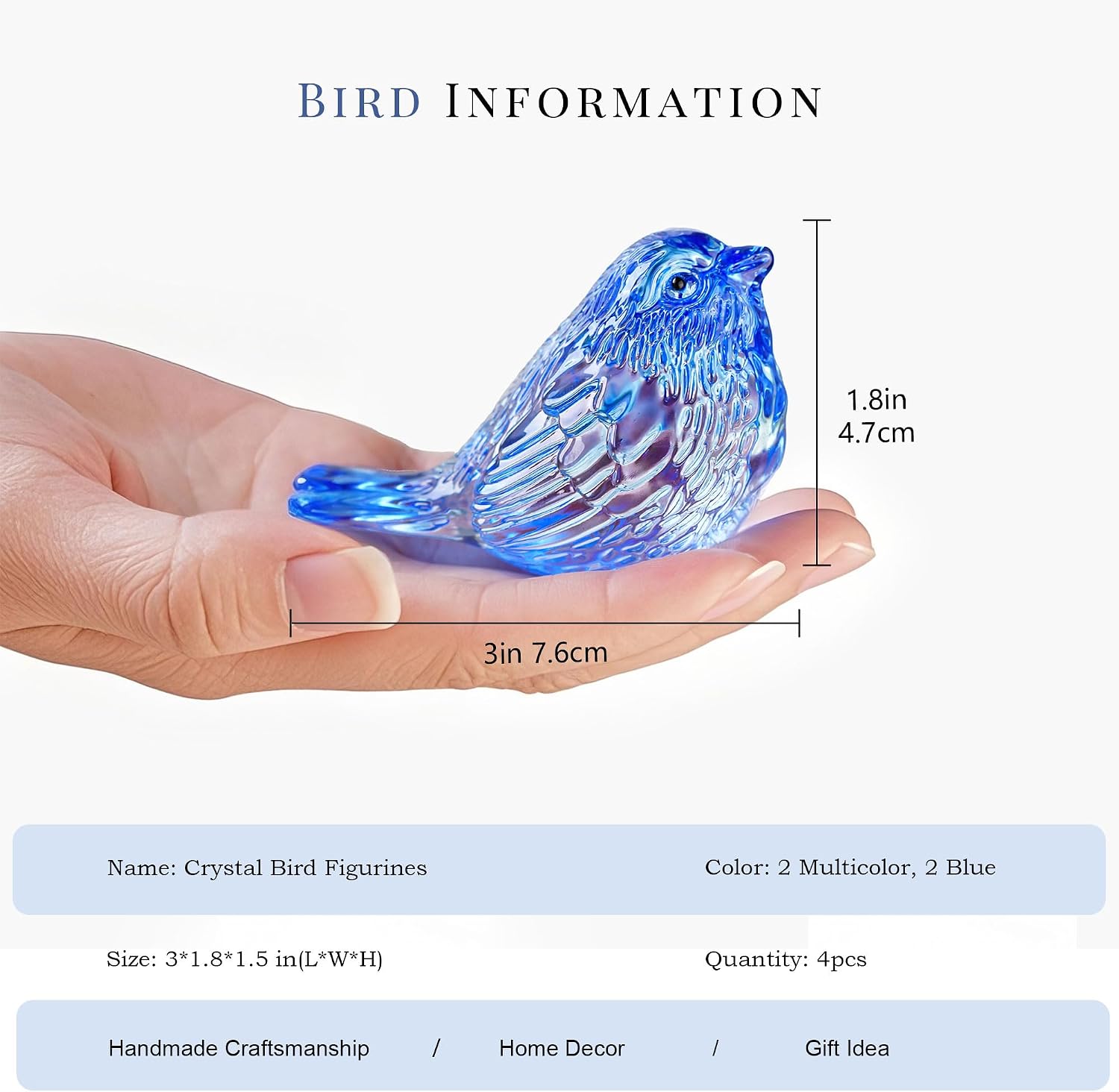 3" Small Bird Statues Home Decor Accents Blown Glass Birds Decor for Tabletop / Blue / Set of 2