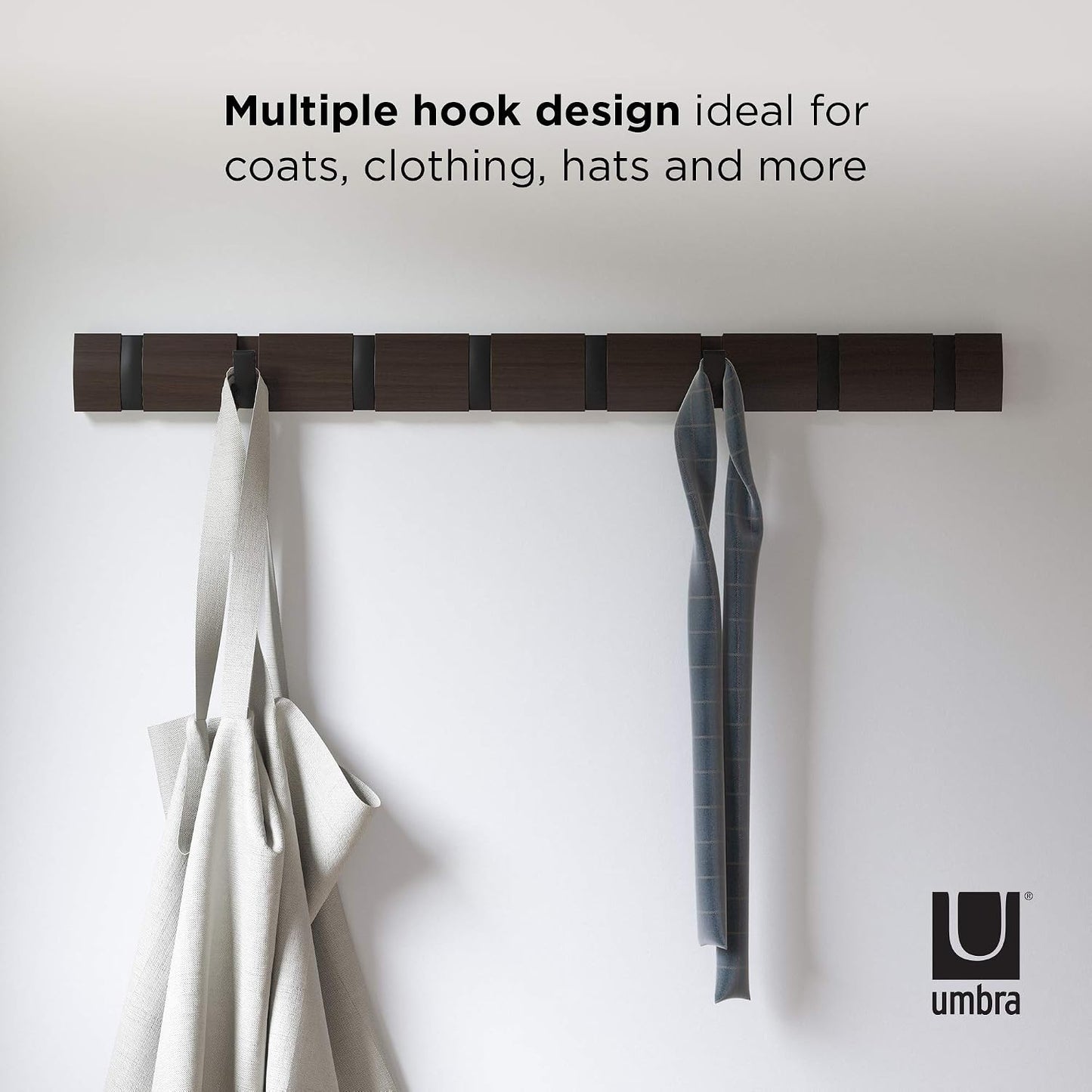 Umbra Flip Coat Rack, Wall Mount 8-Hook, Space Saving, Walnut/Black | Real wood and steel build, retractable hooks fold