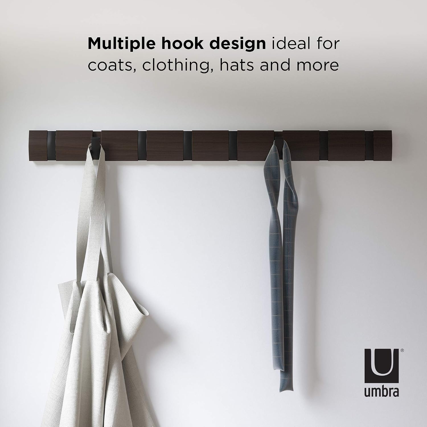 Umbra Flip Coat Rack, Wall Mount 8-Hook, Space Saving, Walnut/Black | Real wood and steel build, retractable hooks fold