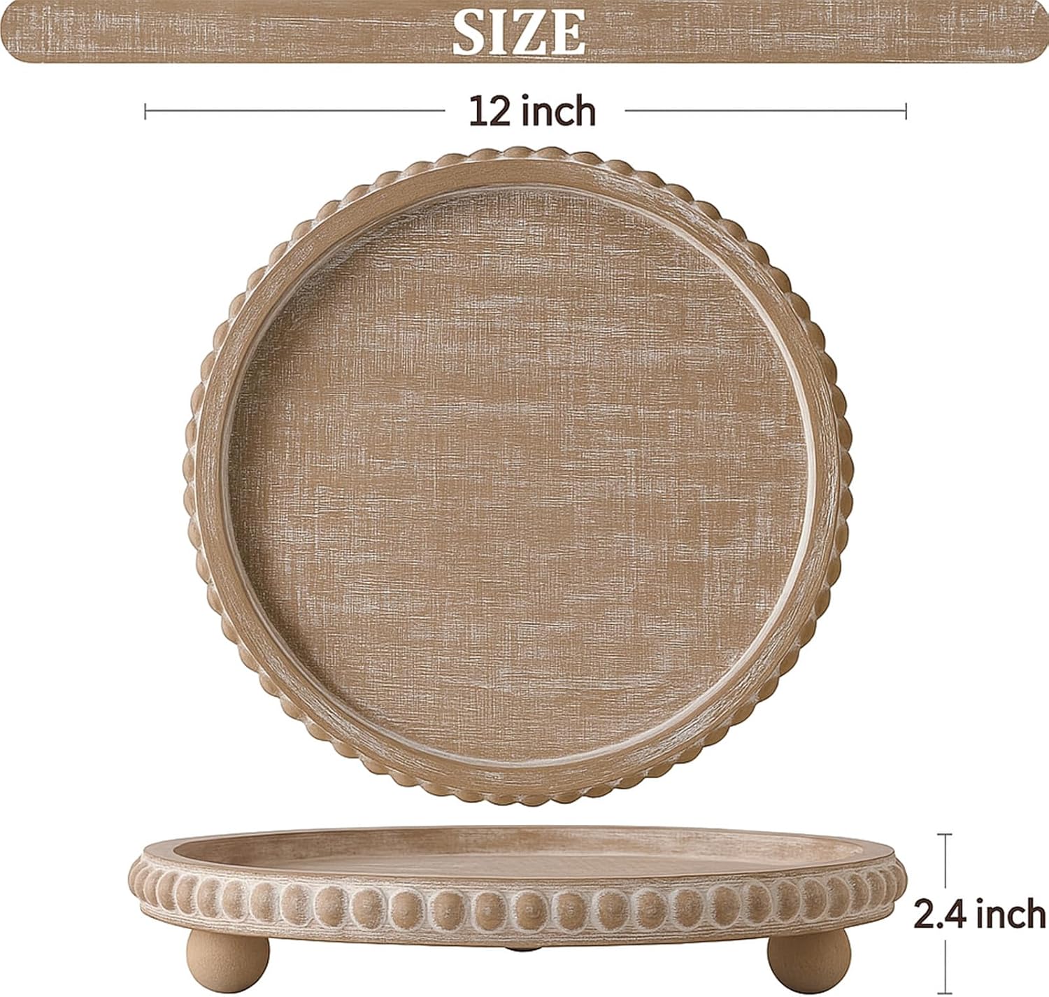 Round Wooden Tray Decor / Beige