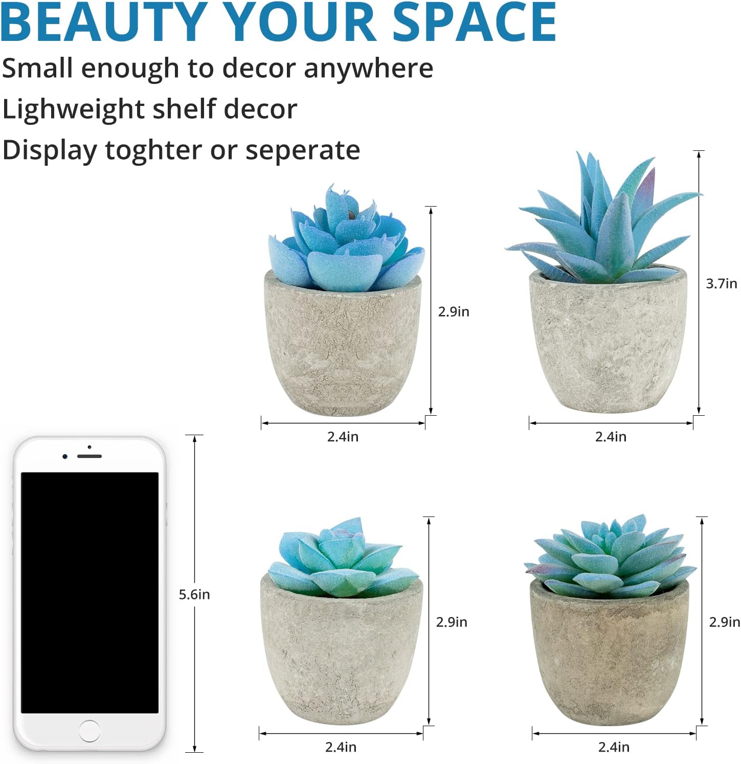 Fake Succulent Plants in Pots / Blue / Set of 4