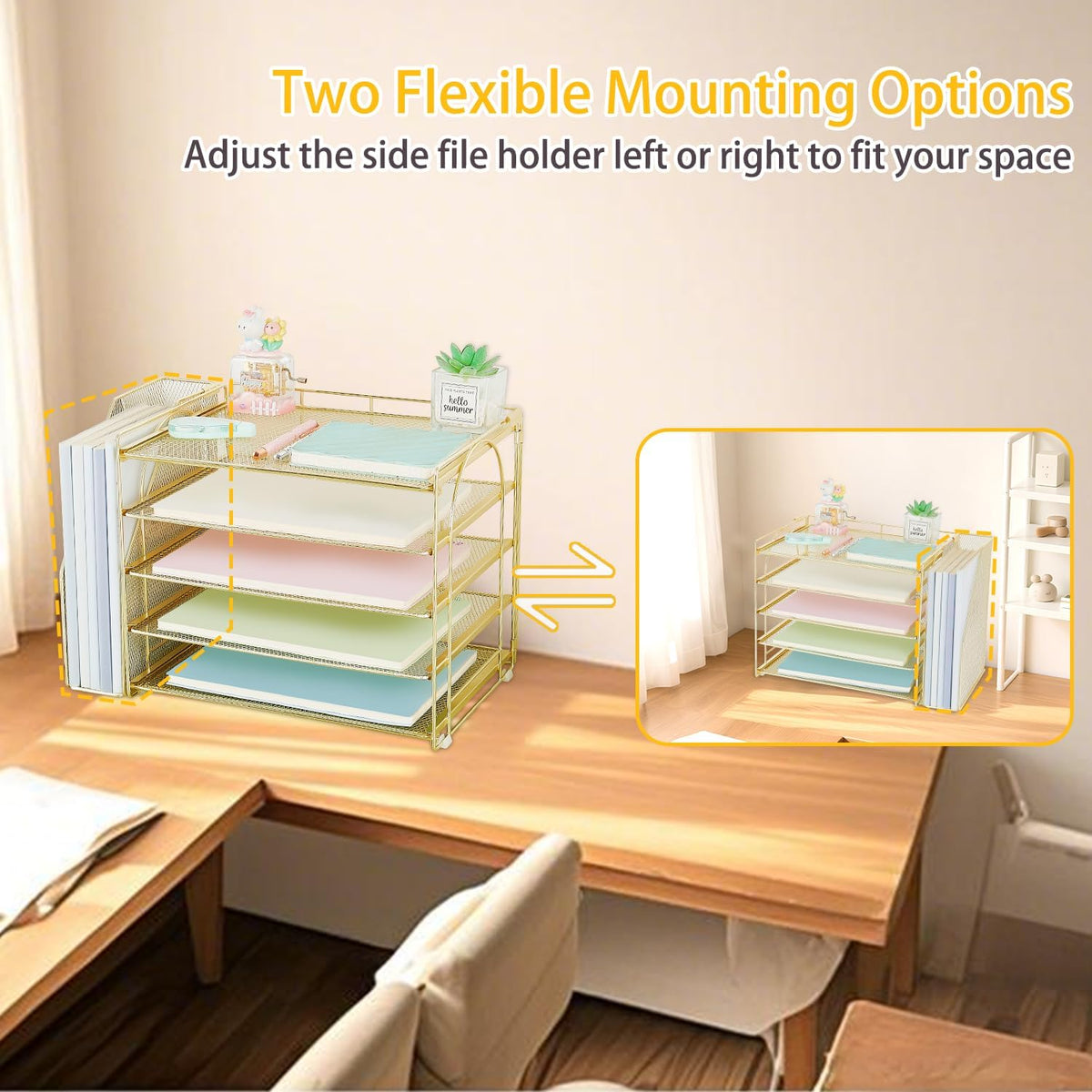 AUPSEN Gold Desk Organizers and Accessories, 5-Tier Desktop Paper File Organizer with Removable File Holder, Desk