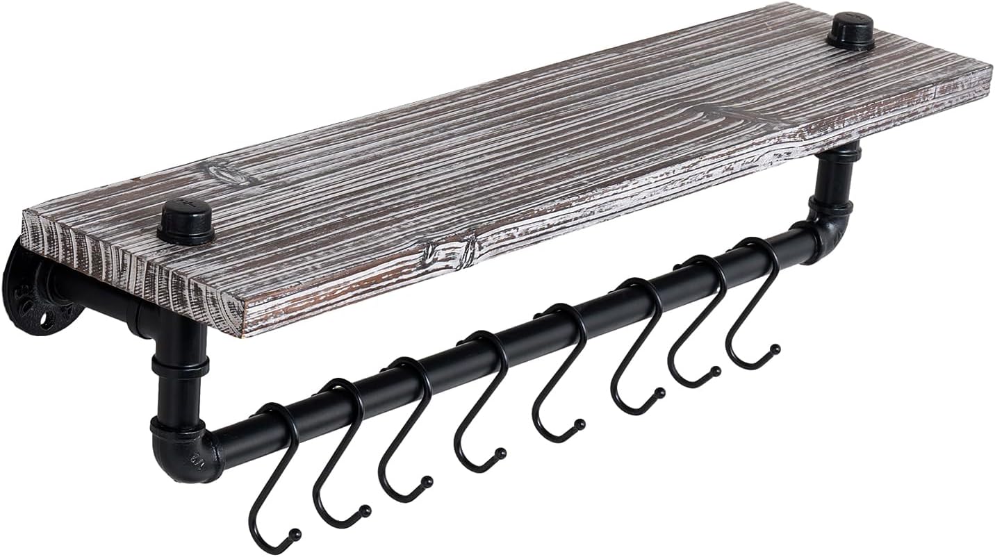 MyGift Wall Mounted Kitchen Pot Rack, Rustic Torched Wood Floating Display Shelf and Industrial Matte Black Metal Pipe