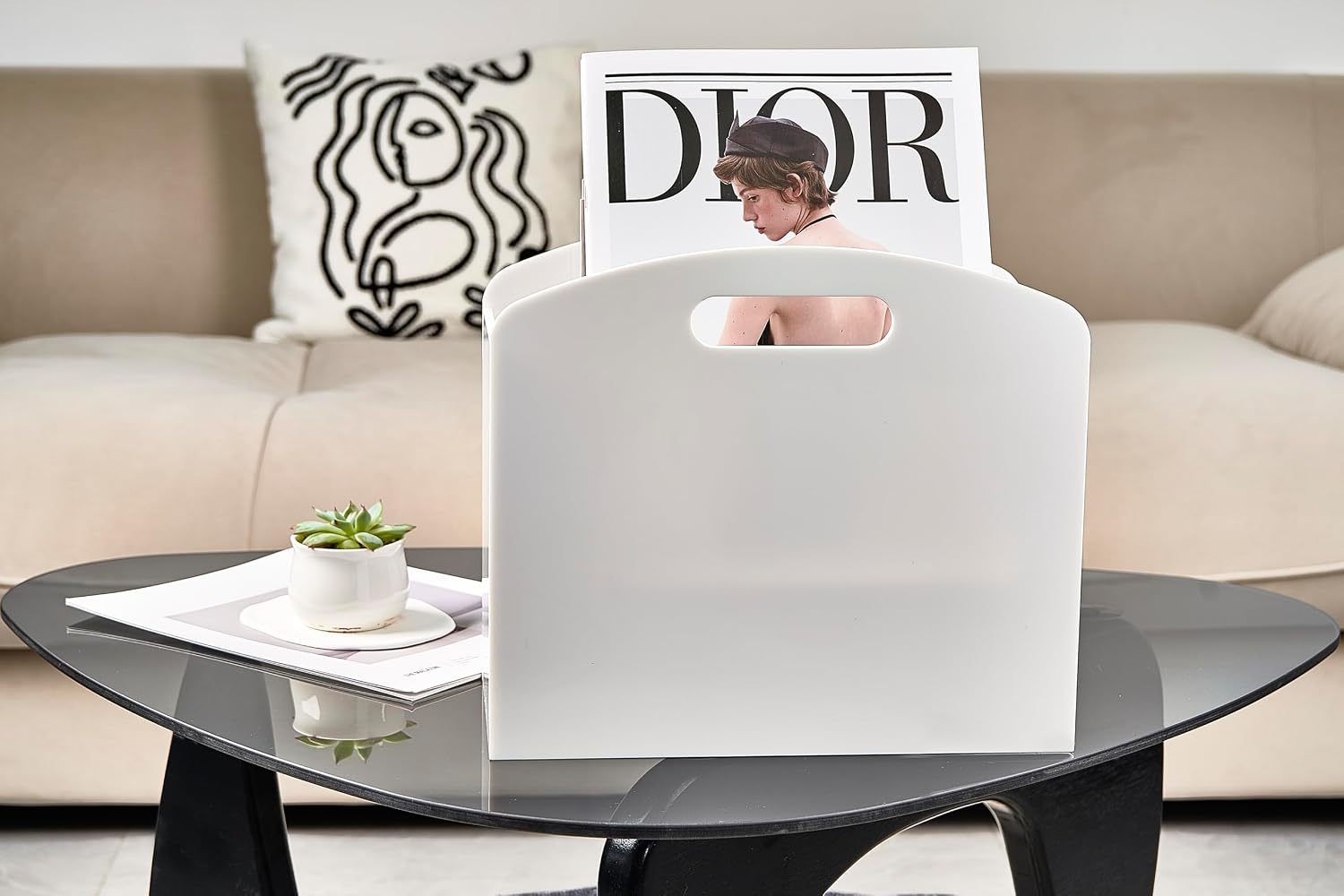 White Magazine Holder - Acrylic Magazine Rack Floor, Newspaper Stand with handles, Modern Lucite Magazine and Book