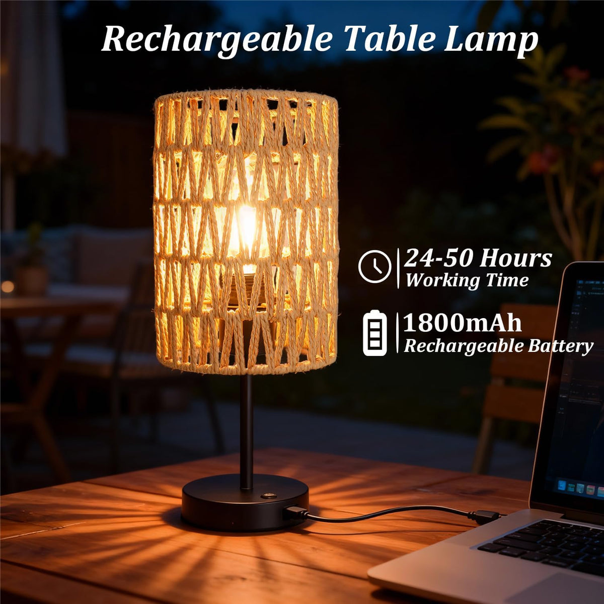 Rechargeable Outdoor Table Lamps, Rattan Boho Cordless Battery Operated Table Lamps, Patio Lamp for Living Room