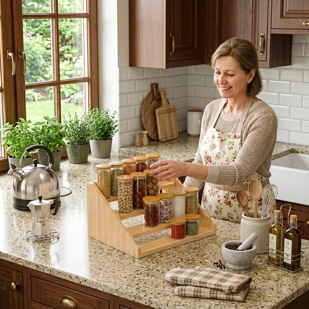 Solid Wood Spice Rack Organizer for Countertop & Cabinet, 4 Tier Adjustable Wooden Spice Shelf with Sliding Track