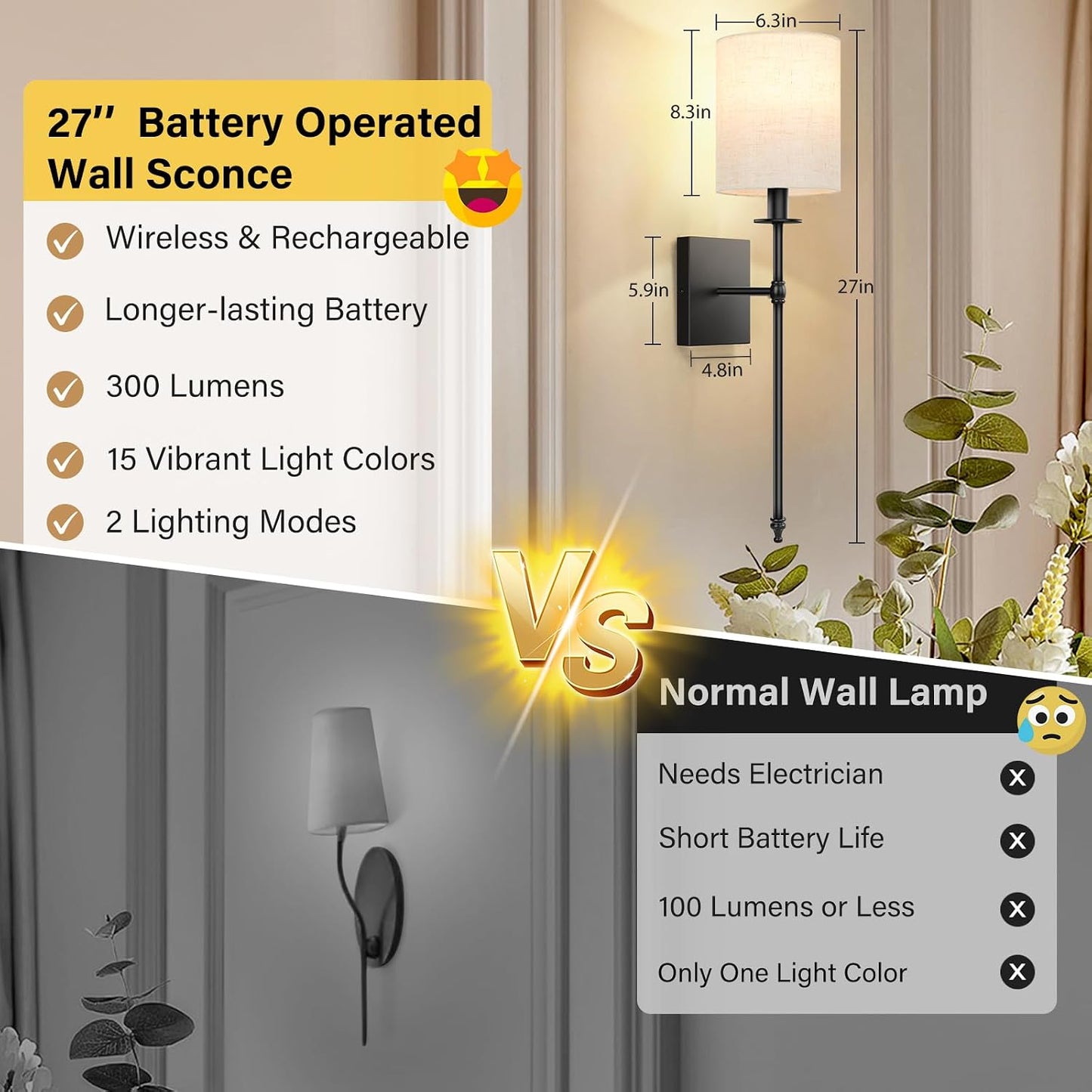 27 inch Battery Operated Wall Sconces Set of 2 with Remote, Rechargeable Wireless Wall Lights with Beige Fabric Shade