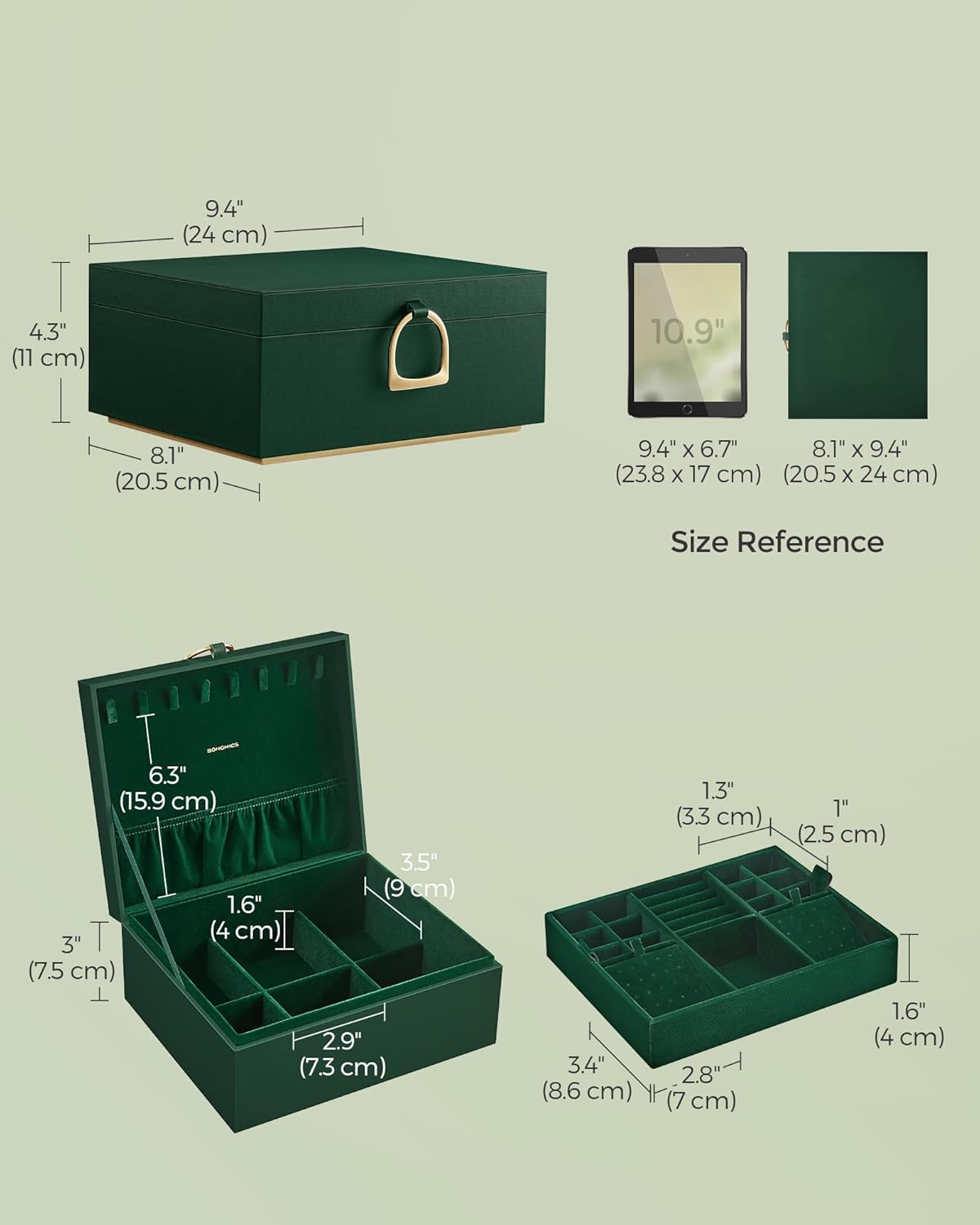 Jewelry Organizer / Removable Jewelry Tray / Forest Green