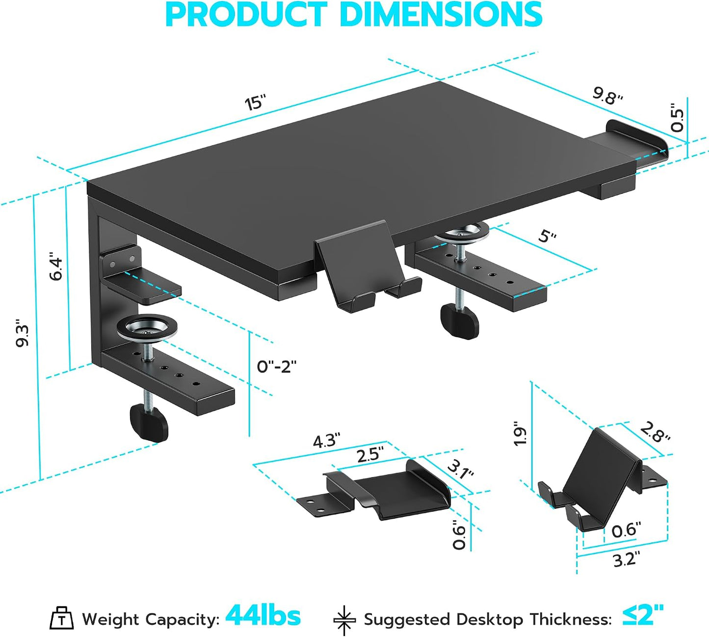 ARES WING Clamp-On 15" 3-in-1 Heavy Duty Desk Shelf Extender Black | Phone Headset holder Clamp Desk Extender