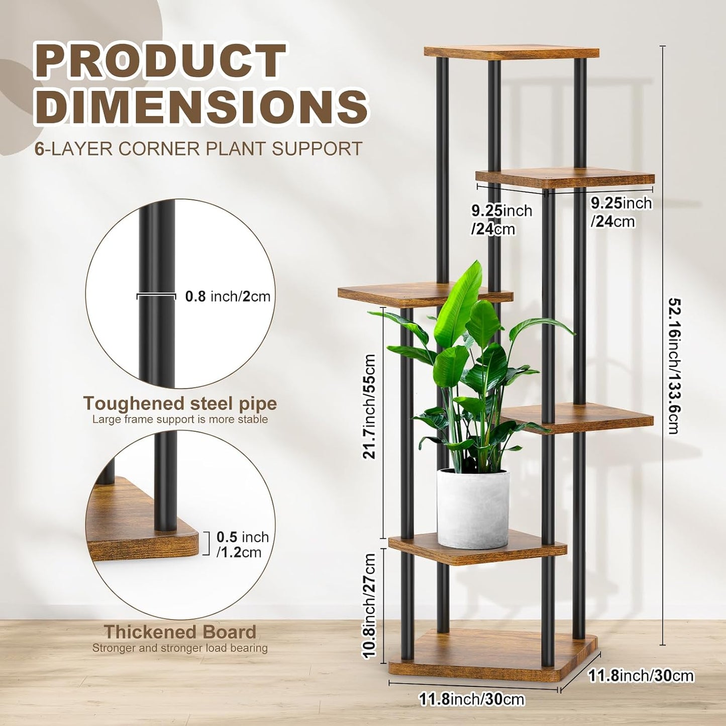 6 Tier Plant Stand Indoor, Thickened Metal Wood Corner Plant Shelf Stands for Multiple Plants, Indoor Tall Plants Stand