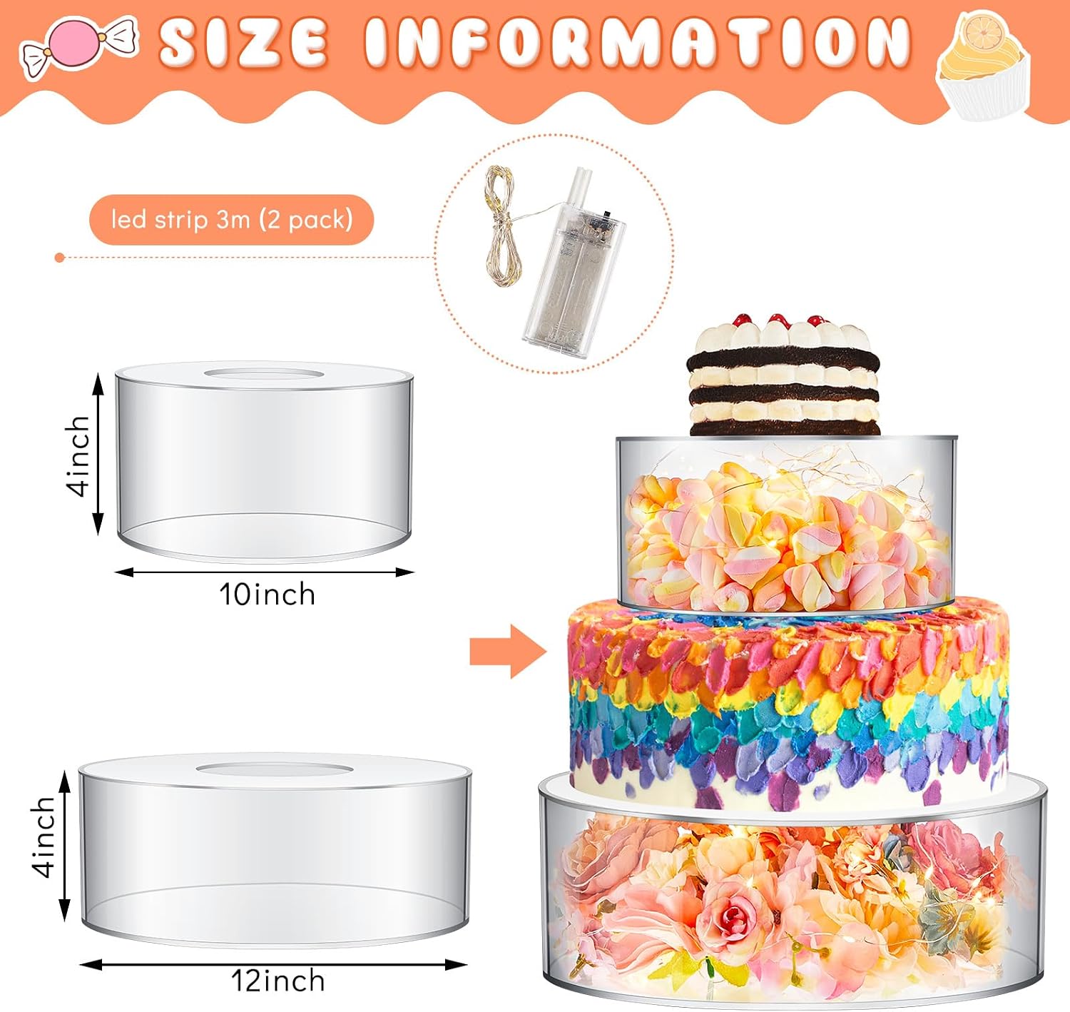 Sunnyray 2 Pcs Acrylic Cake Stands for Dessert Table Clear Fillable Cake Riser Cupcake Tier with LED Strings for