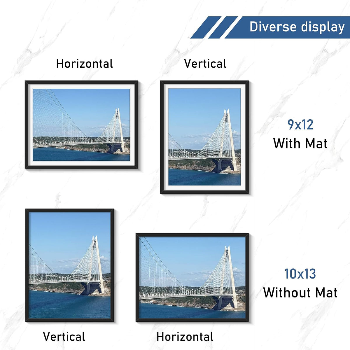 Wiscet 10x13 Picture Frame Set of 4, for Wall Mounting, Black | Display Picture 9x12 with Mat or 10x13 Poster Frame