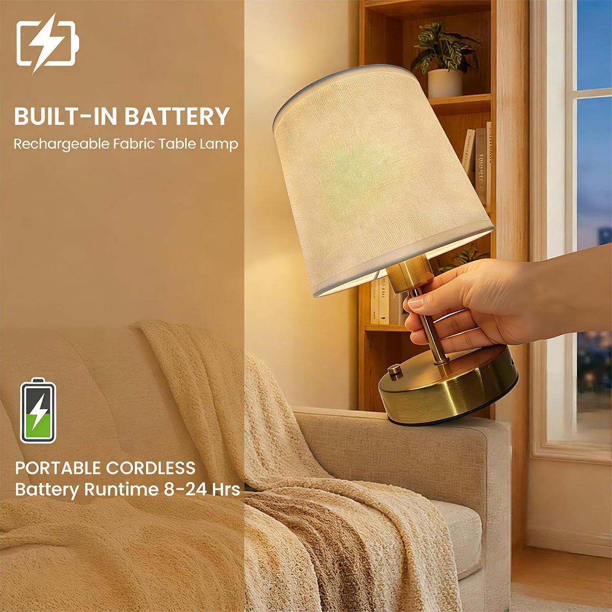 Gold Portable Cordless Table Lamp, Rechargeable Bedside Lamp, Mini | 3000mAh battery, touch stepless dimming, 2700K