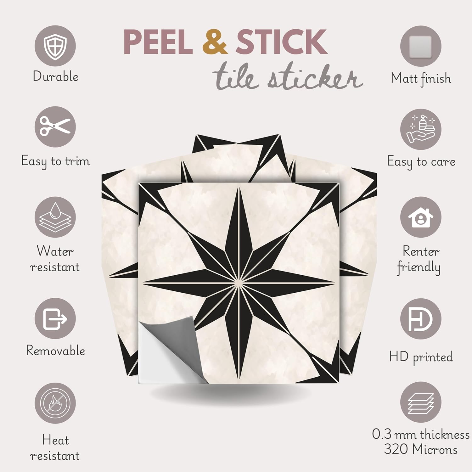 Positano Peel and Stick Tile Stickers Vinyl Self-Adhesive / 4 x 4 / 4 1/ 1/4 " Inch / Set of 22