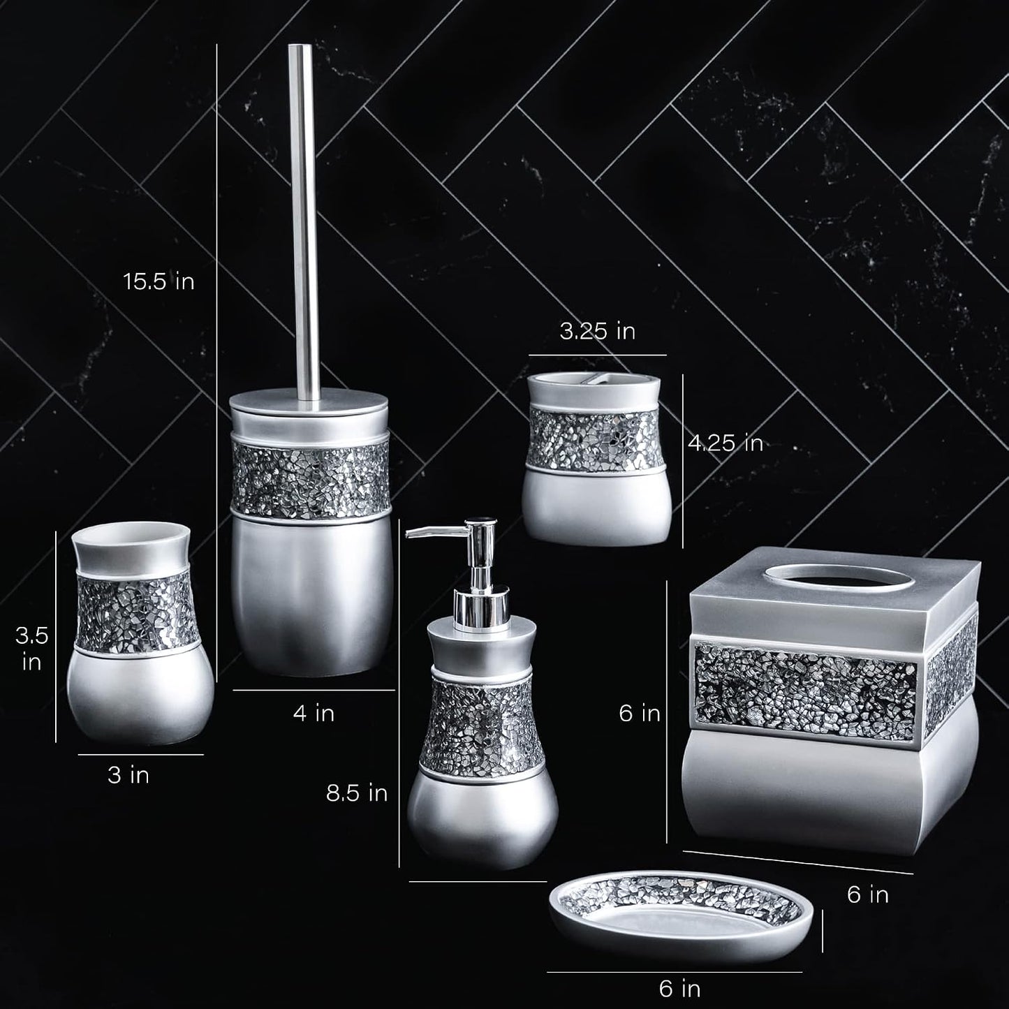 Creative Scents Crackled Glass 6 Pc. Silver Resin Bathroom Accessories Set | Includes Toilet Brush and Holder, Tissue