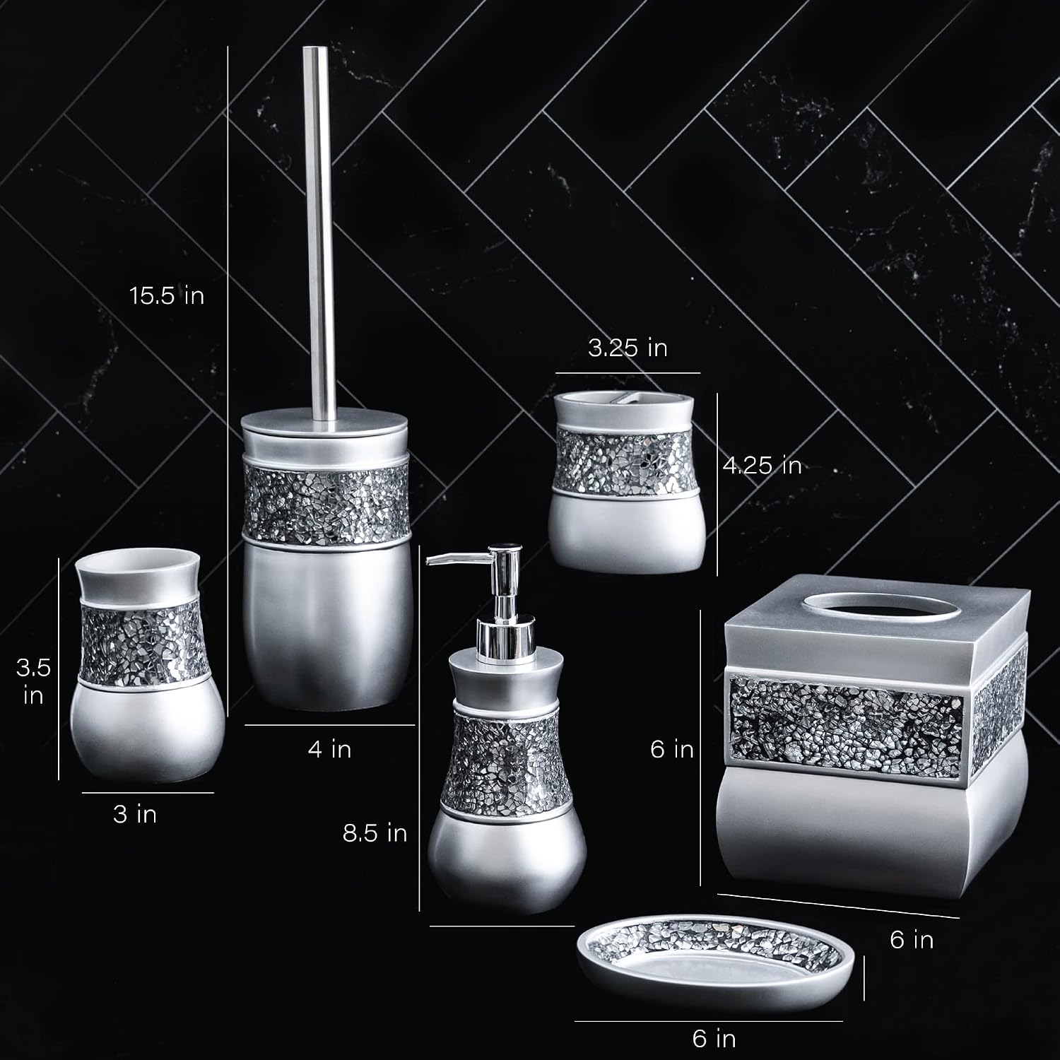 Creative Scents Crackled Glass 6 Pc. Silver Resin Bathroom Accessories Set | Includes Toilet Brush and Holder, Tissue