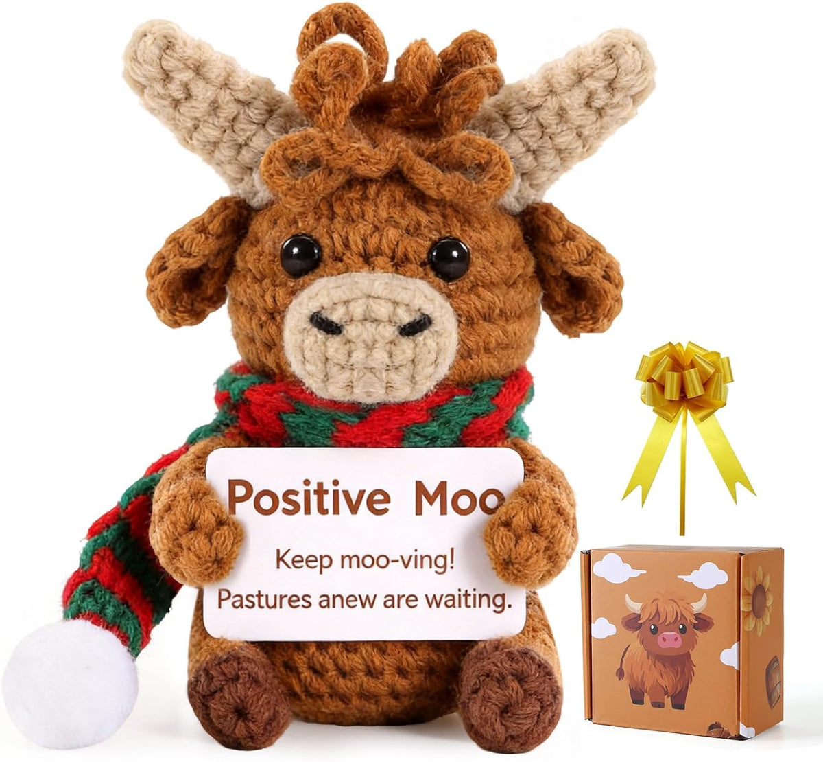 Positive Crochet Highland Cow Gifts with Positive Messages& Box, Emotional Support Crochet Animals of Desk Decor for Dad Father Day Men Women Coworker Friends, Crochet Cow Gifts for Birthday