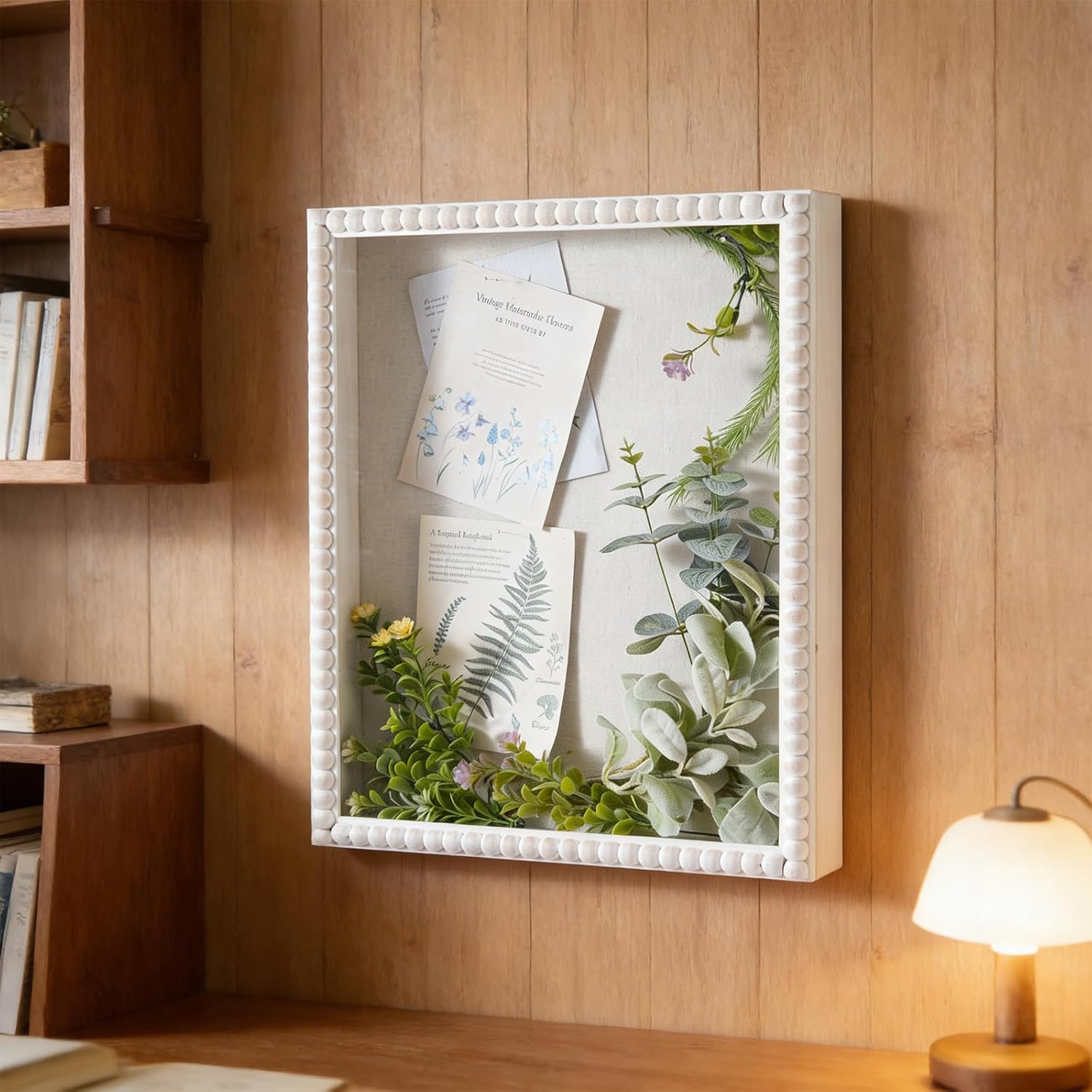 Muzilife 16x20 Shadow Box Pine Wood with Unique Bead Door, 3.18 Deep, White | FSC- Solid Pine | Tempered Glass