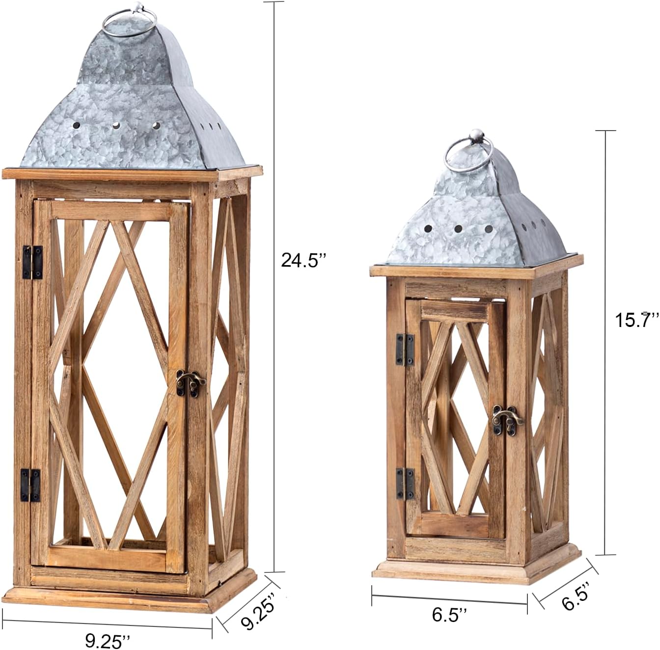 Large Farmhouse Wooden Metal Lantern Set of 2, Rustic Decorative Floor Candle Lanterns, Indoor/Outdoor Hanging Lanterns