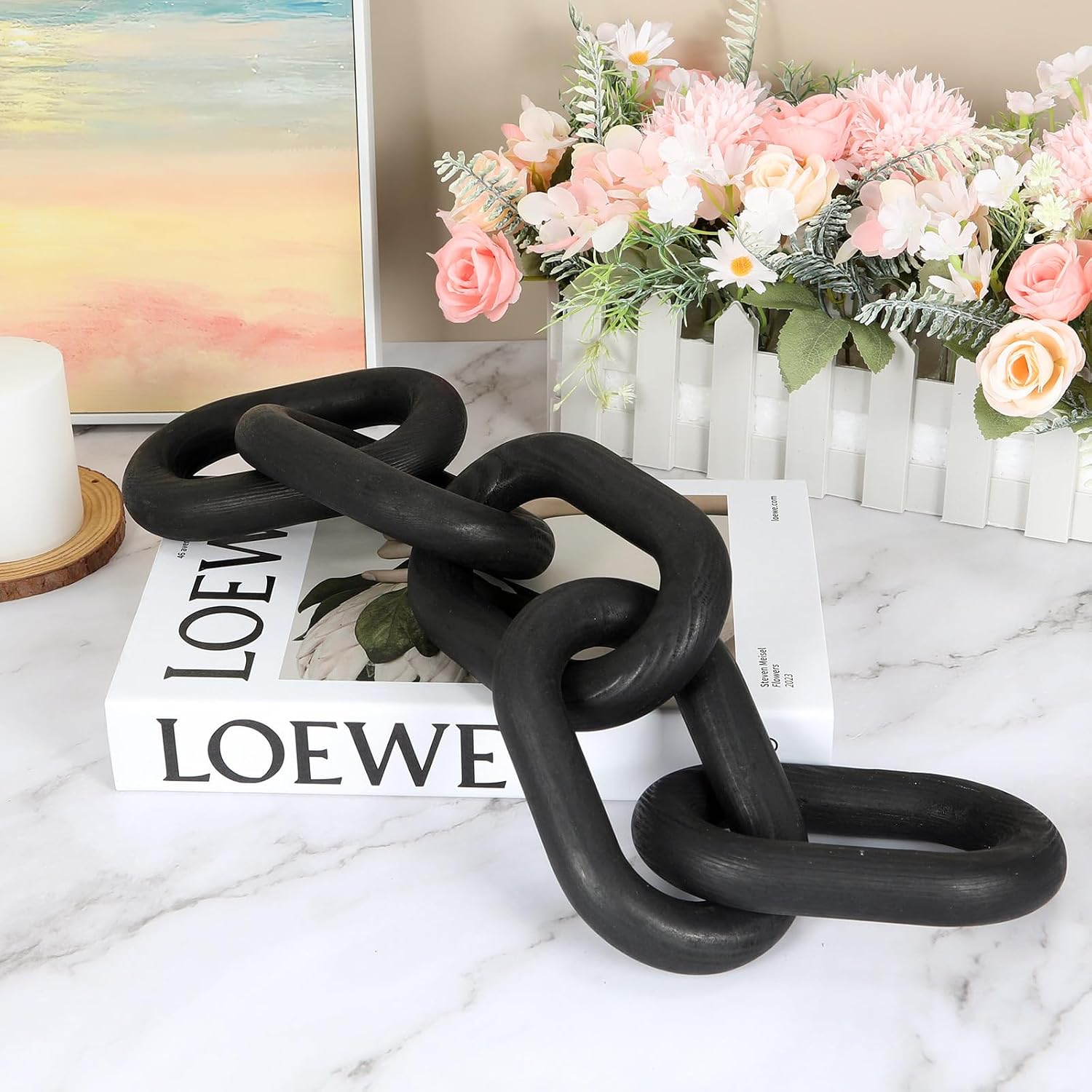 5-Link Black Wood Chain Link Decor / Black-5 / 22"D x 3.9"W