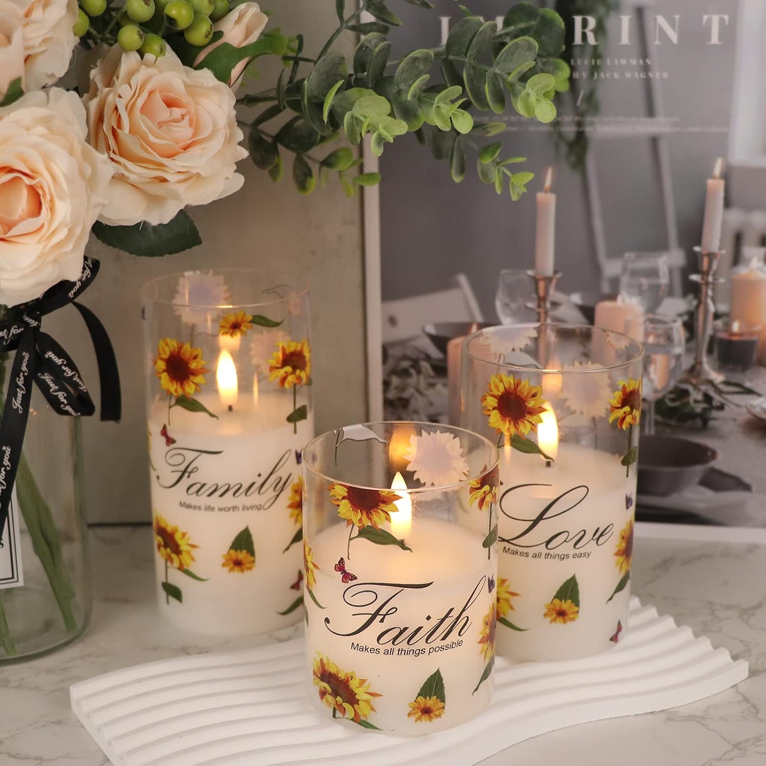 Sunflower Glass Flameless Candles Battery Operated Remote Timer | LED Flickering Pillar Candles, Real Wax 3D Wick Long