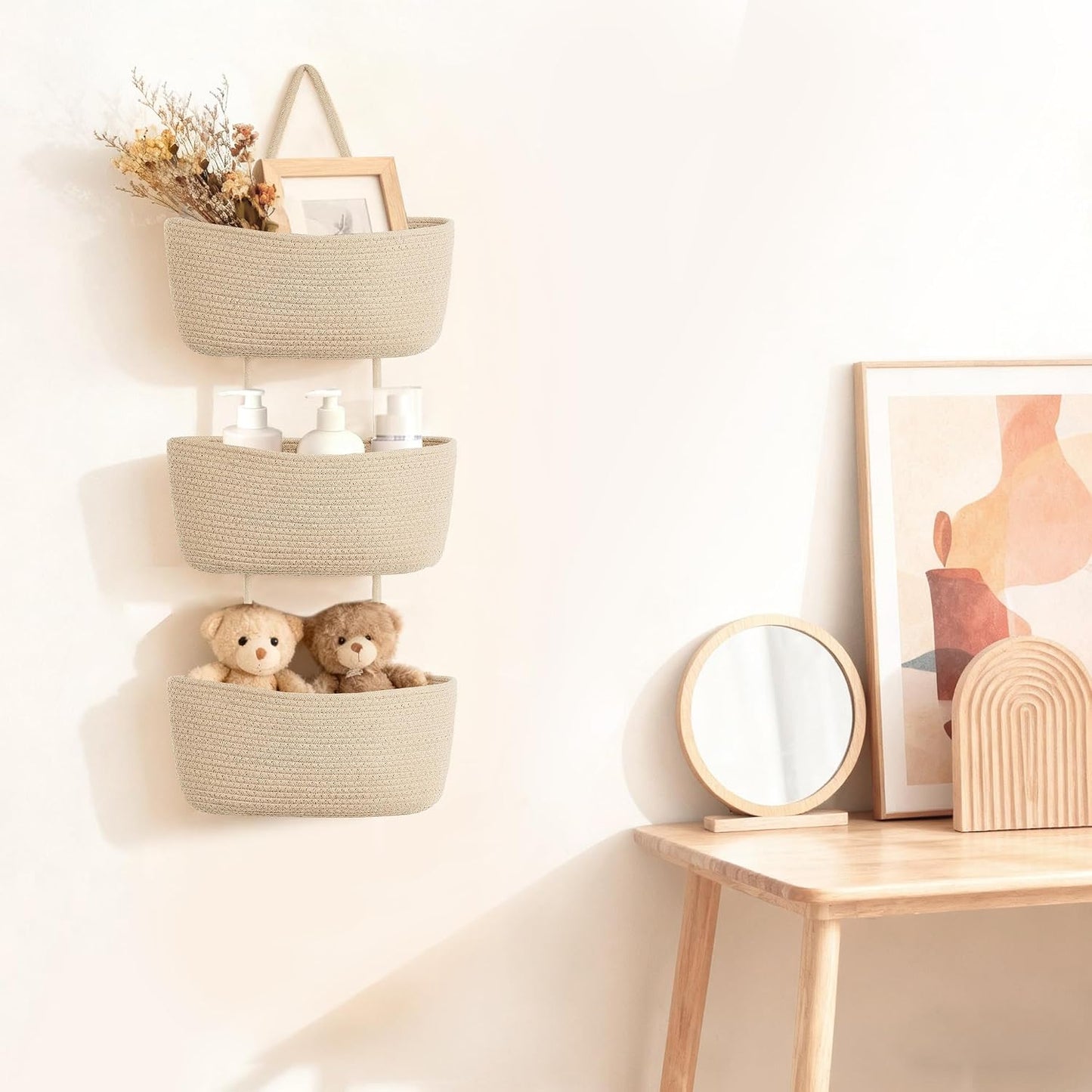 Over The Door Hanging Basket Woven Boho Wall Mounted Storage Organizer / Jute / 3-tier