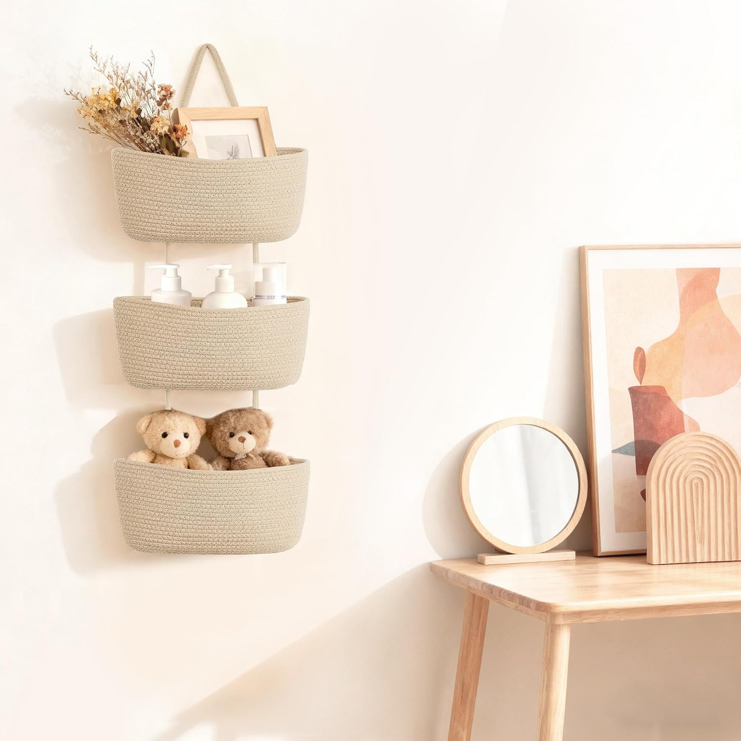 Over The Door Hanging Basket Woven Boho Wall Mounted Storage Organizer / Jute / 3-tier