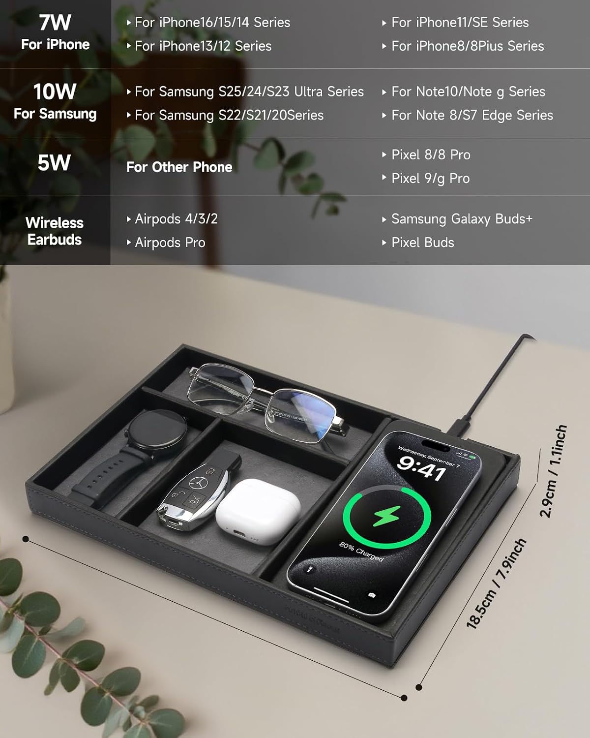 Valet Tray, Built in Wireless Charging Pad, Nightstand Organizer | Two-Toned Premium Leather Desk Bedside Caddy