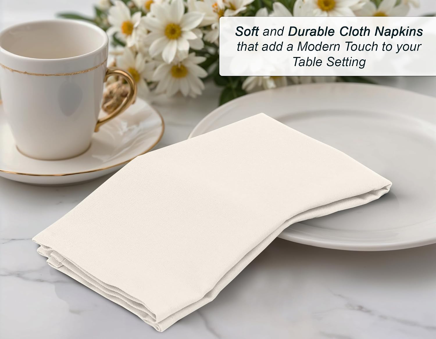 Zoyer Cloth Napkins Set of 12, Cotton Enrich 18”x18” - Ivory | Washable, Soft, Durable & Absorbent Everyday Napkins.