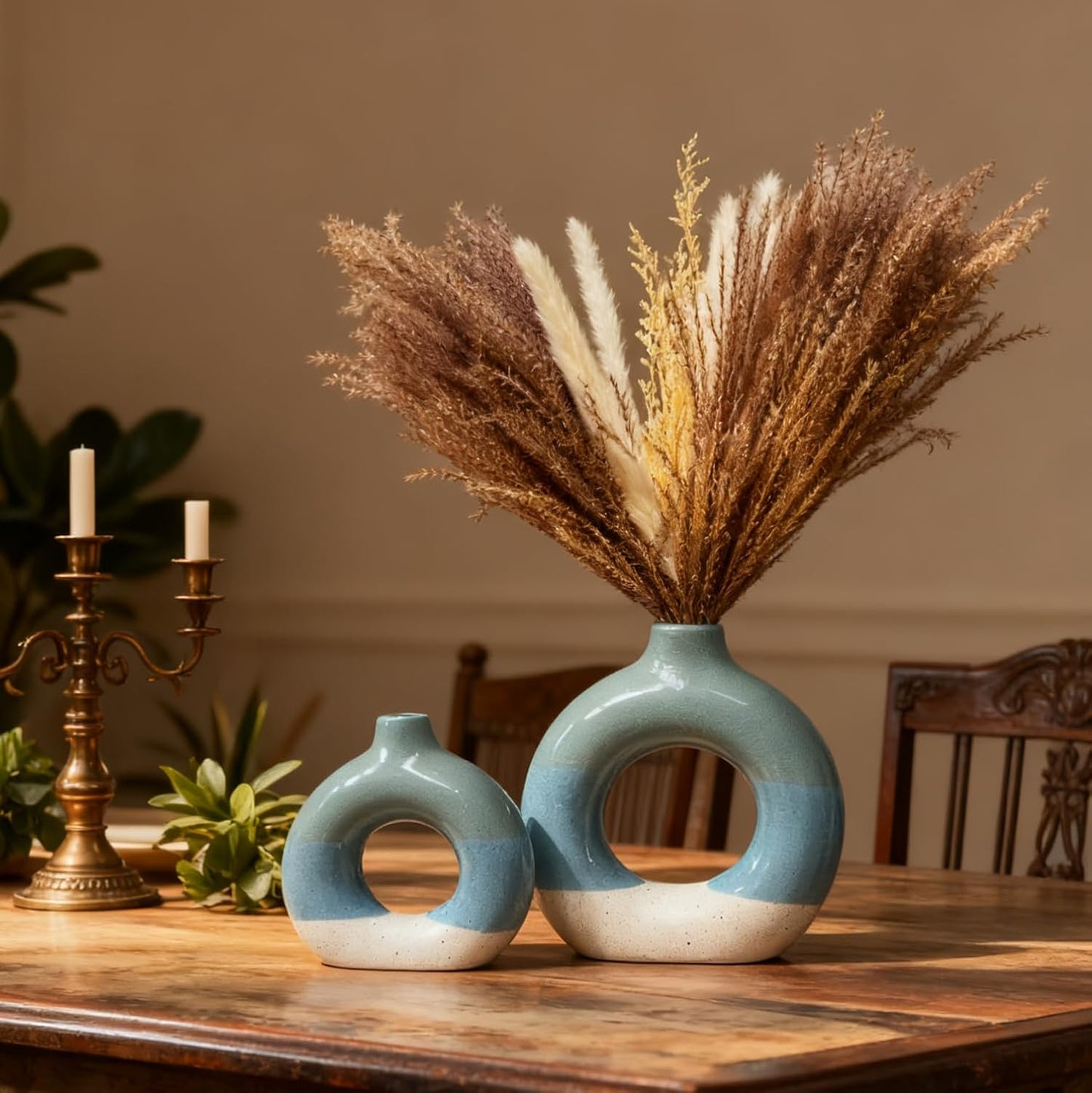 Decorative Ceramic Flower Vase / Donut Vase-blue-2 Sets / Set of 2