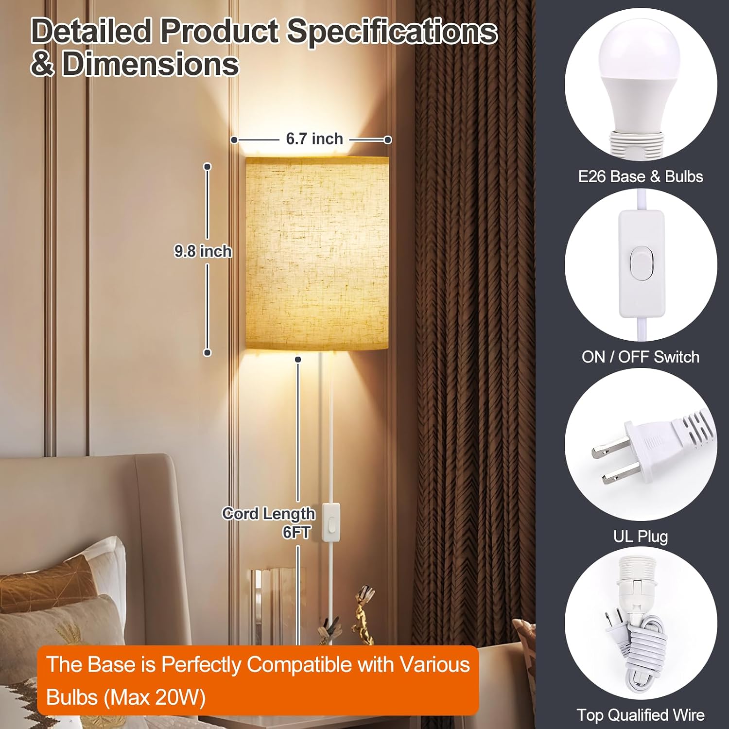 Yunaking Plug in Wall Sconces Set of Two Wall Lights with On/Off Switch | Stepless Color Temperature Wall Lamps with